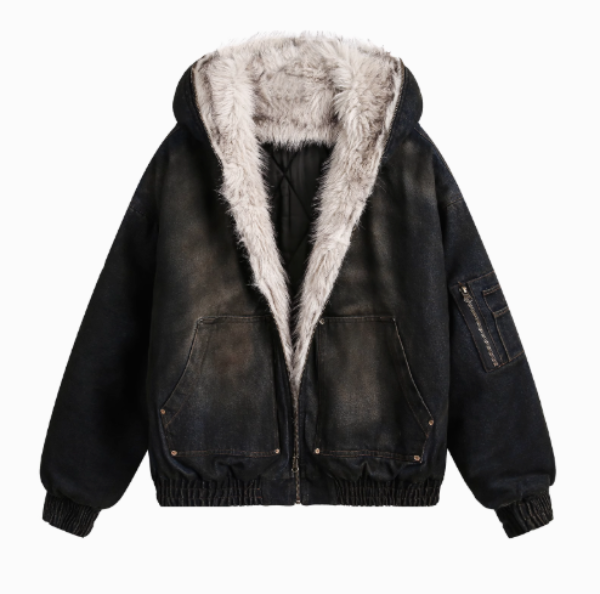 WASHED DENIM FUR HOODED JACKET