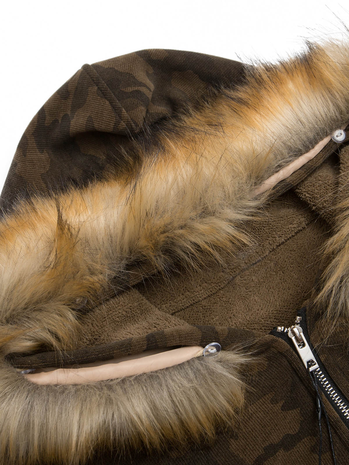 CAMOUFLAGE SPLICED FUR HOODED FLEECE JACKET