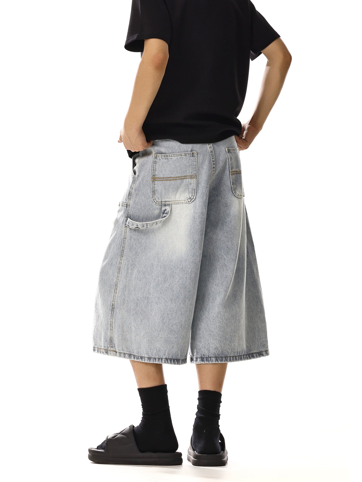 DOUBLE KNEE DAMAGE DENIM SHORTS
