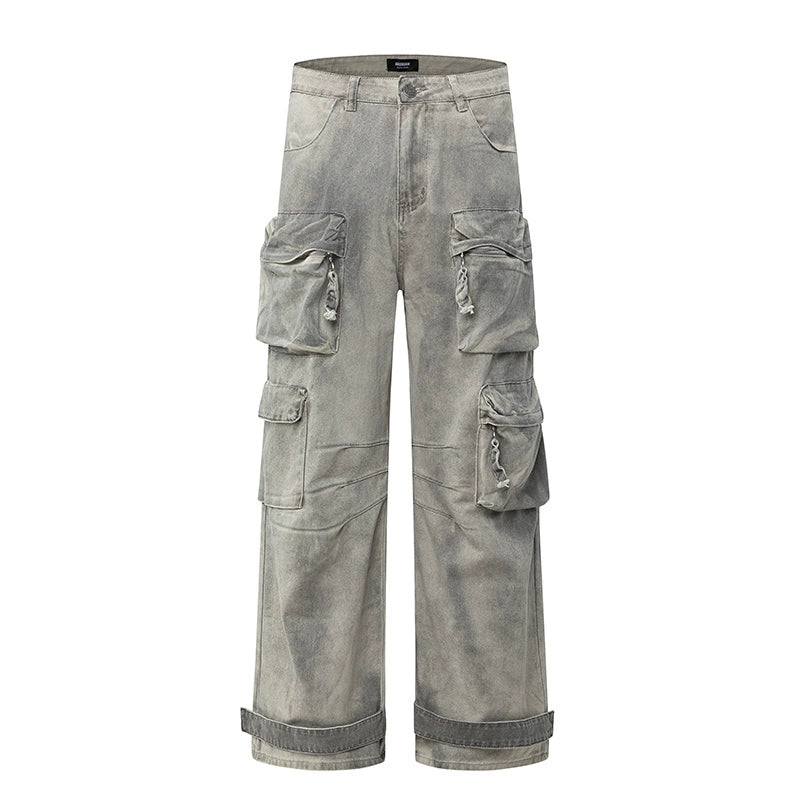 MULTI POCKET DISTRESSED CARGO DENIM PANTS