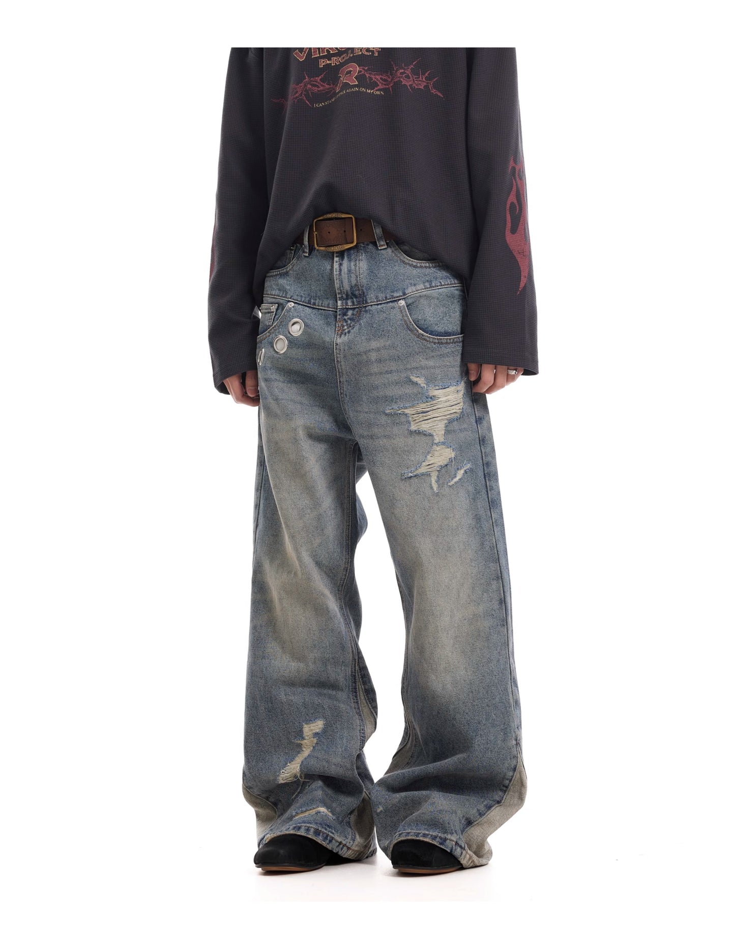 layered LAYERED WASHED VINTAGE DENIM PANTS