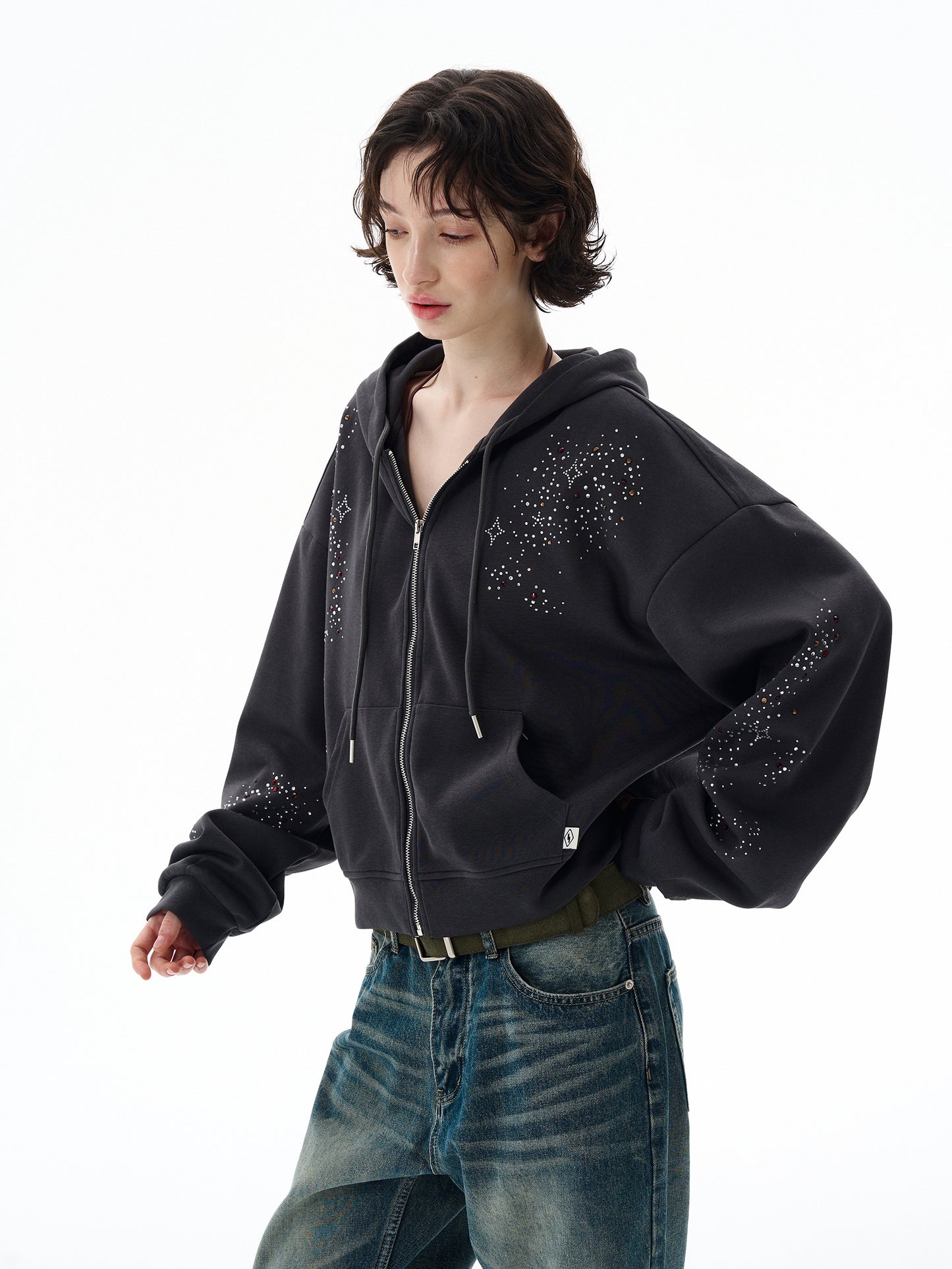 STARRY RHINESTONE ZIPPED HOODIE