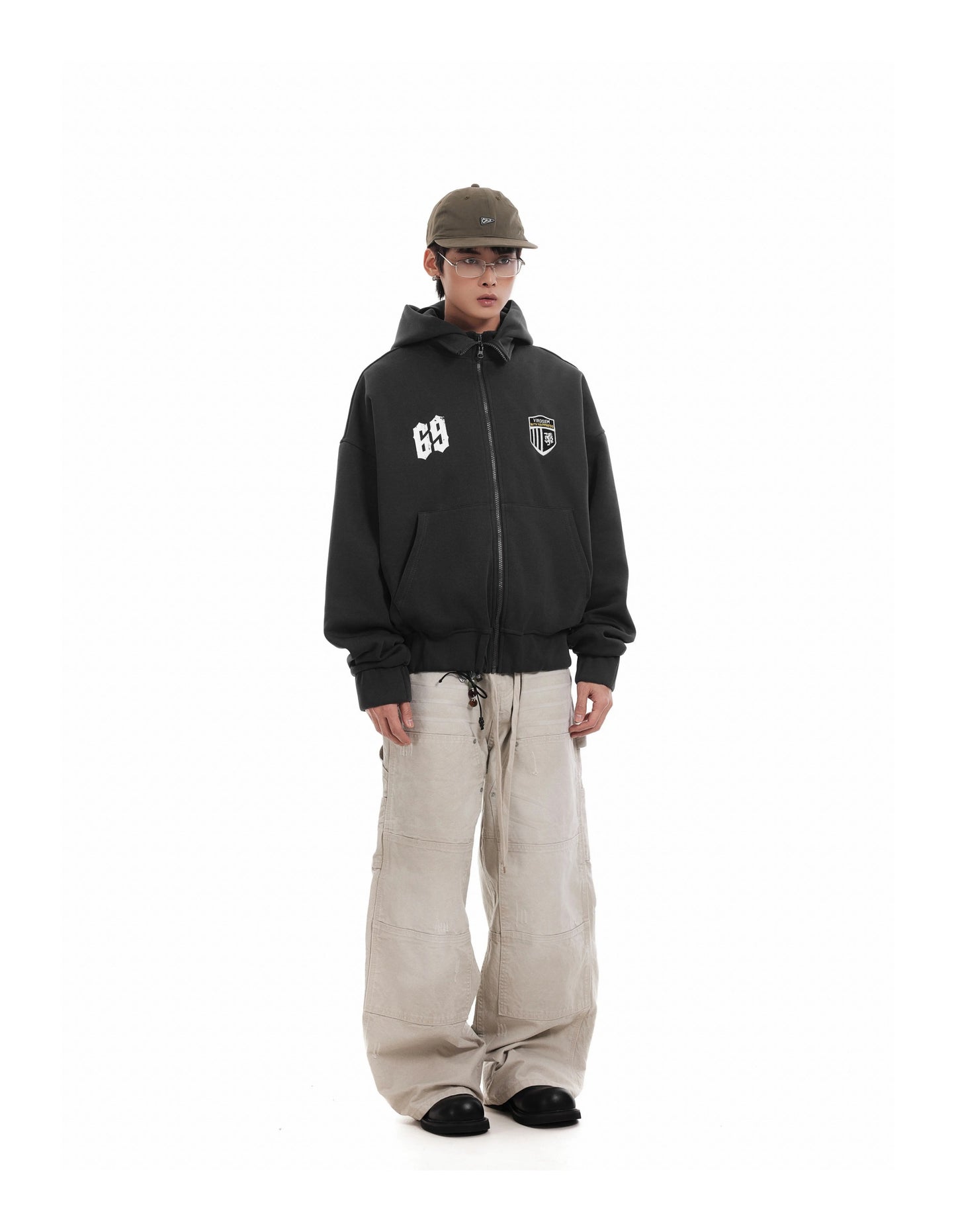 WASHED FOOTBALL EMBLEM ZIPPED HOODIE