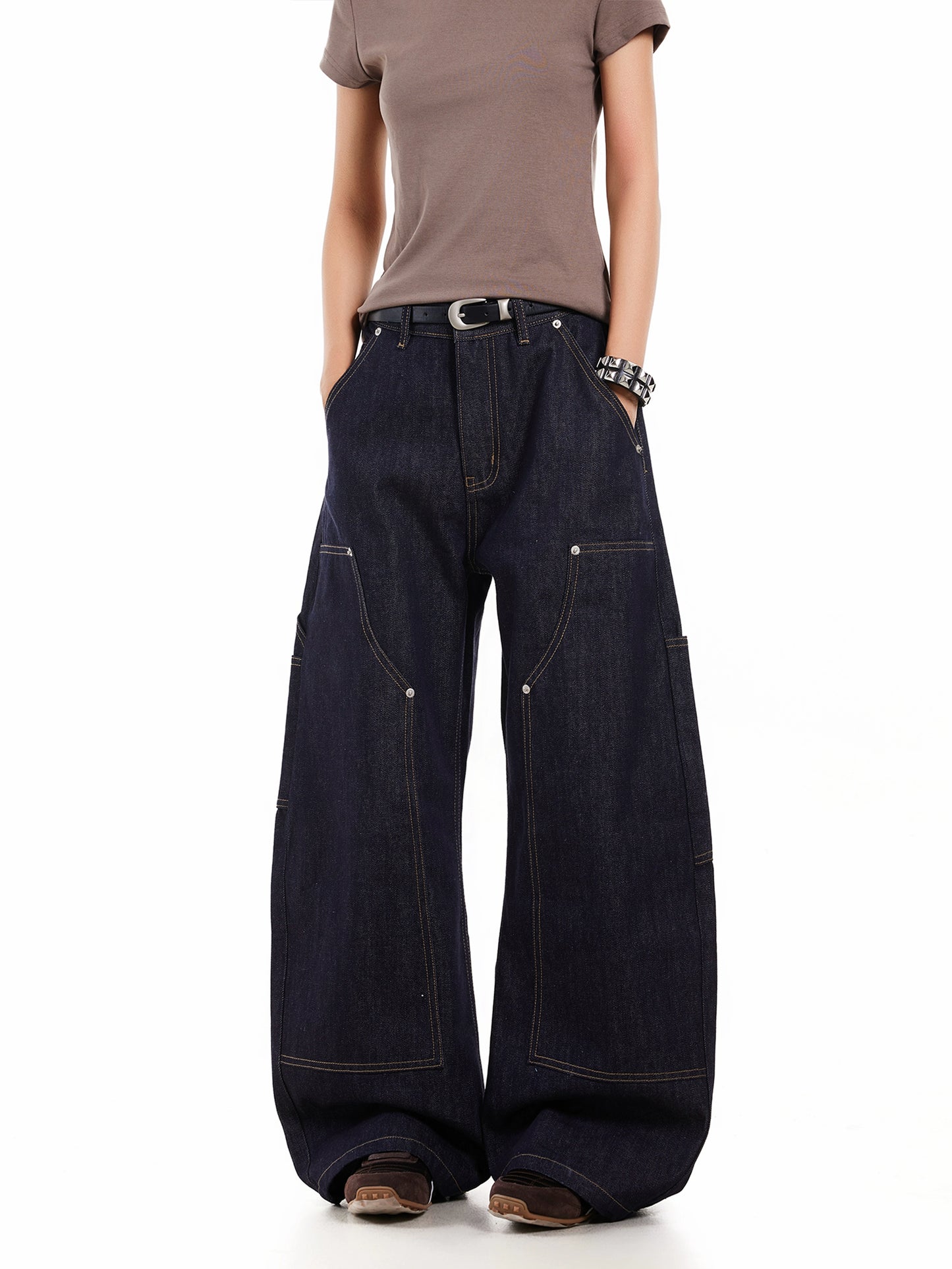 DOUBLE KNEE STUDDED SCIMITAR DENIM PANTS