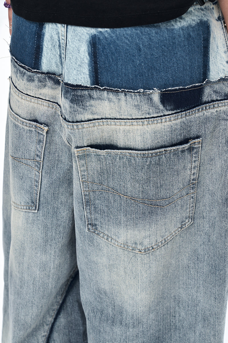 FAKE DUO LAYER DOUBLE WAIST DENIM PANTS