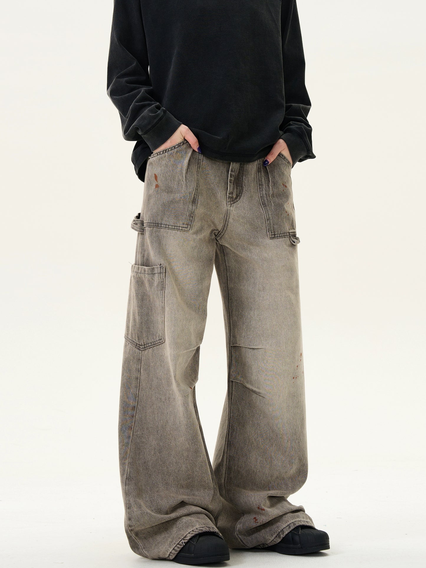 DISTRESSED DOUBLE PLATED CARGO DENIM PANTS
