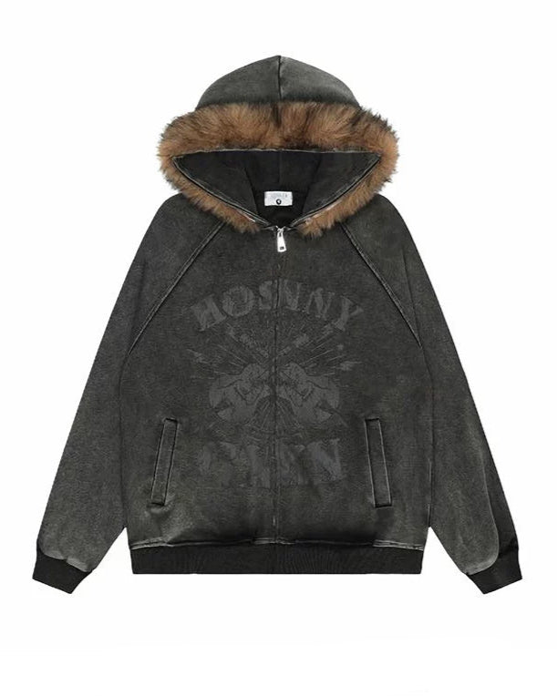 VINTAGE WASHED GRAPHIC FUR HOODED JACKET