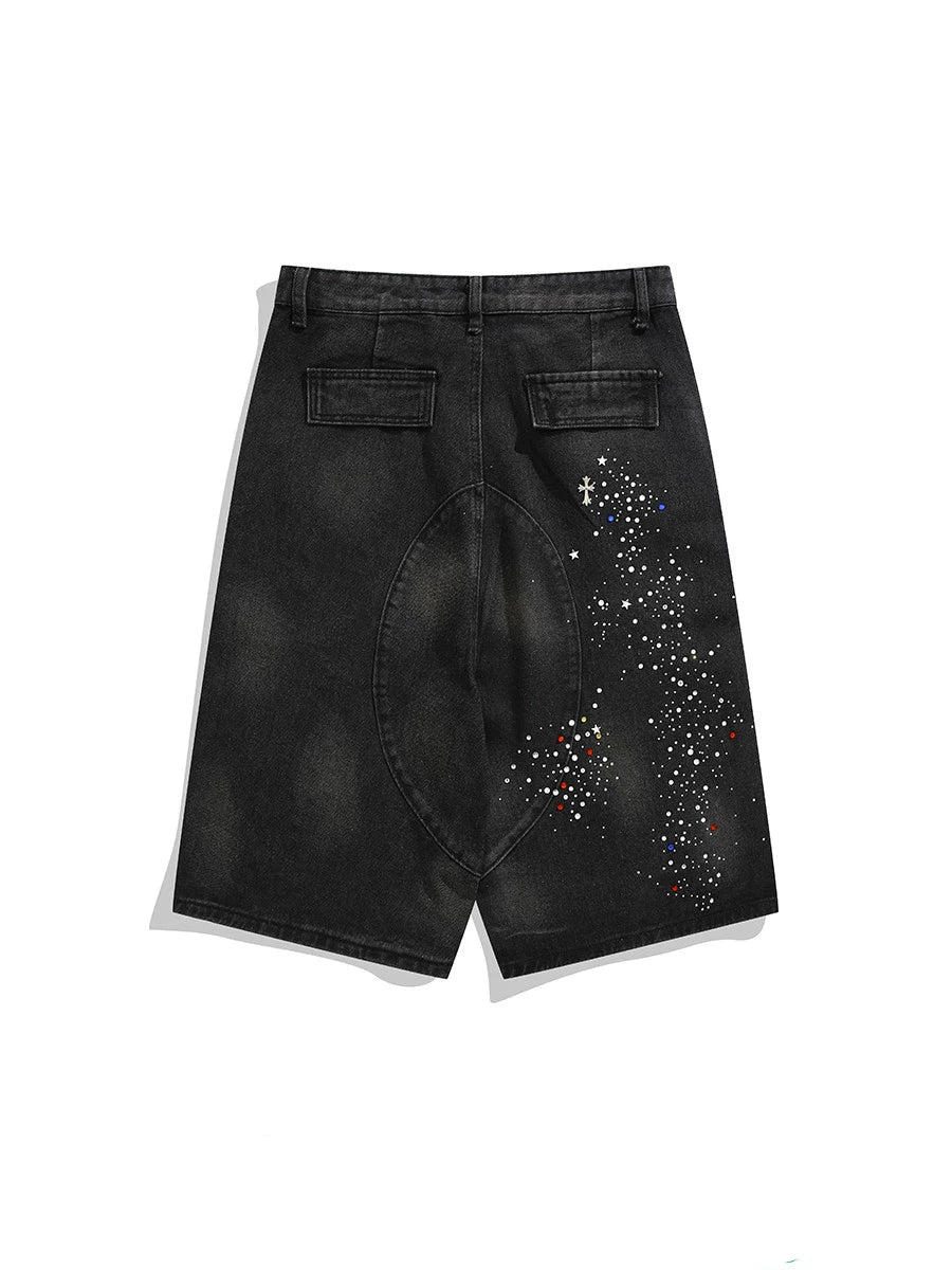 WASHED RHINESTONE DENIM SHORTS