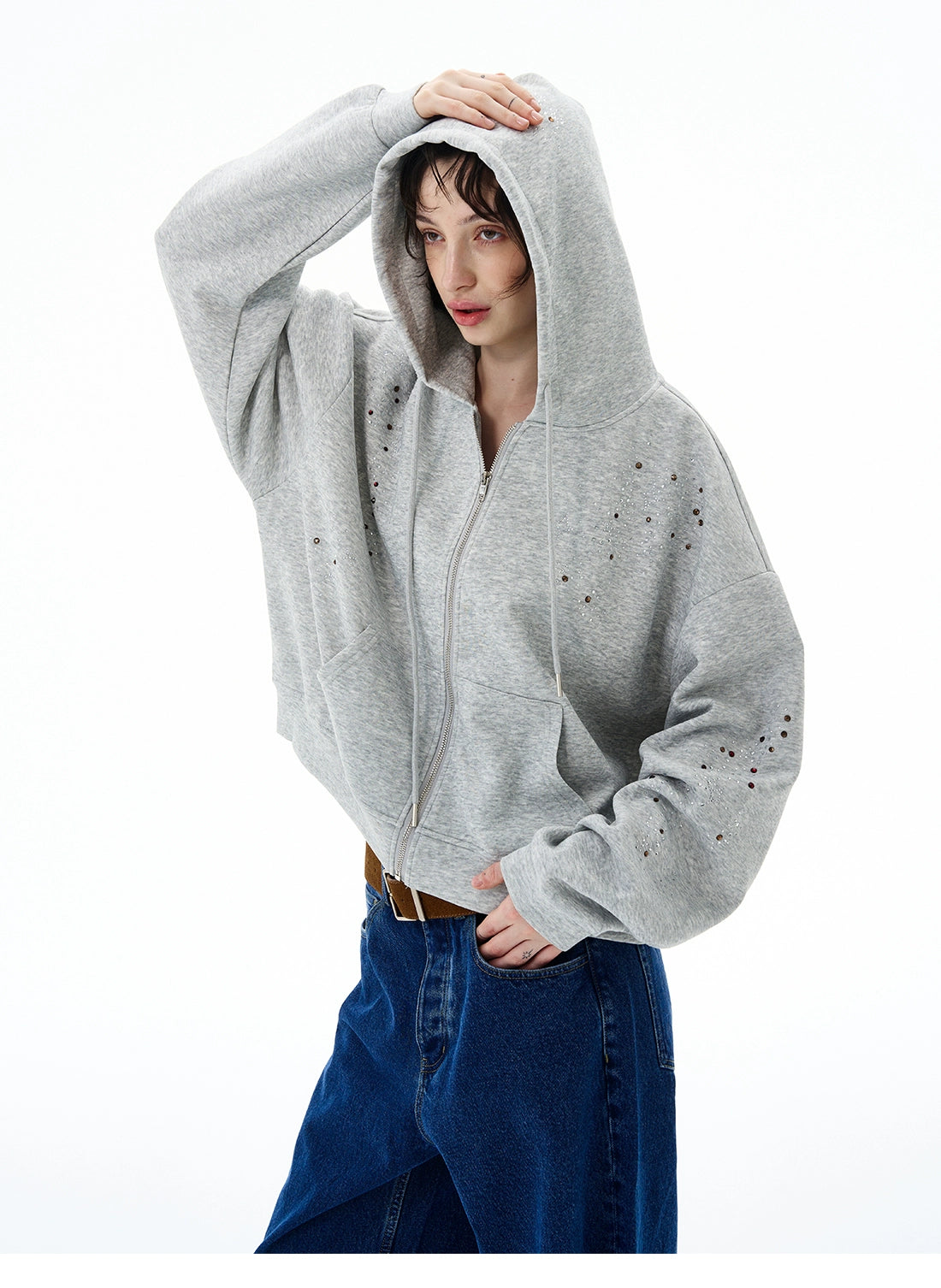 STARRY RHINESTONE ZIPPED HOODIE