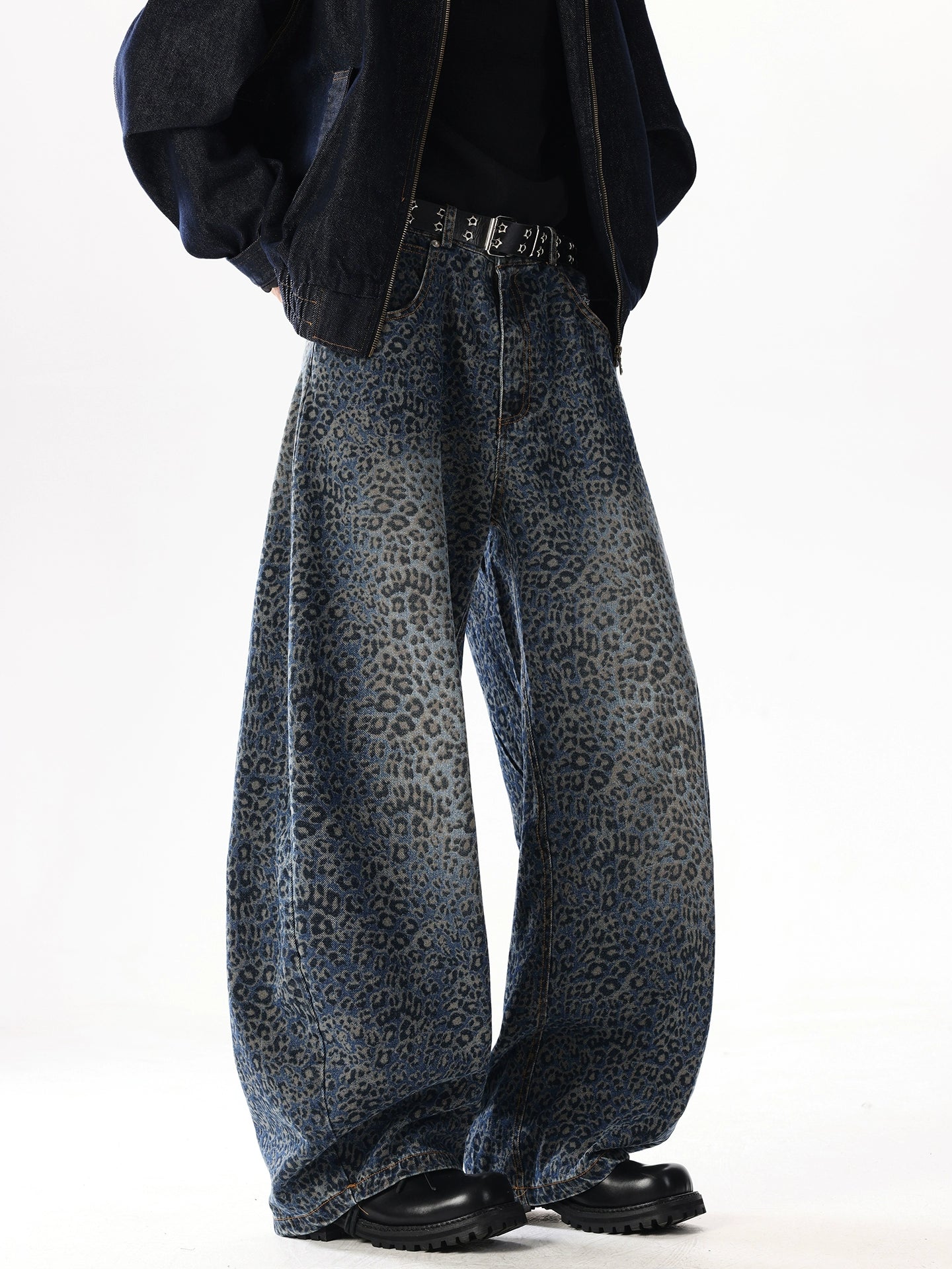 WASHED LEOPARD PRINT WIDE-LEG SCIMITAR JEANS