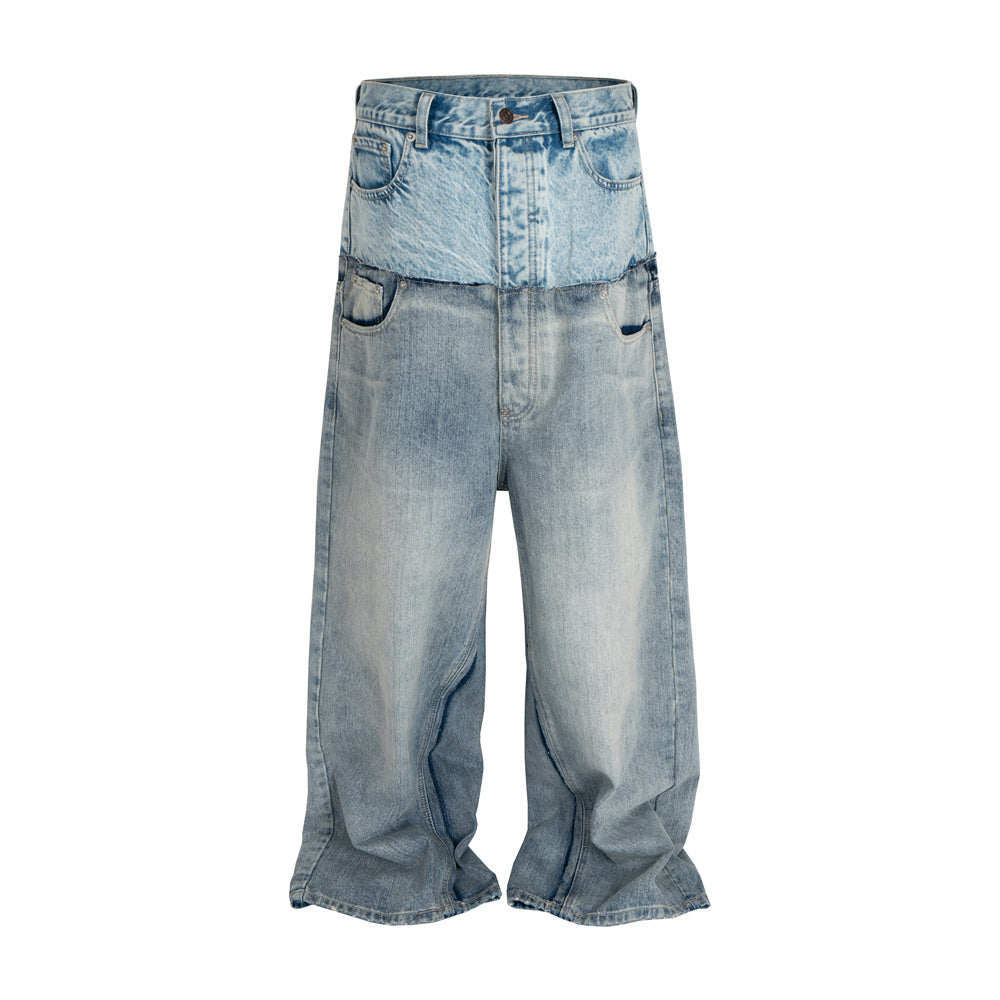 FAKE DUO LAYER DOUBLE WAIST DENIM PANTS