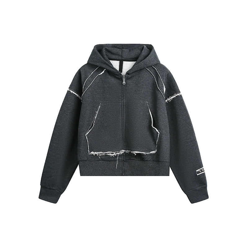 DISTRESSED CUT-OFF STITCH ZIP HOODIE