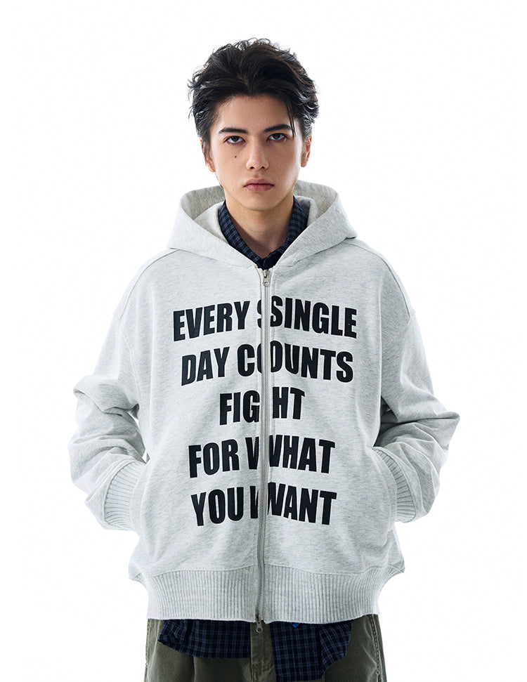 LETTER PRINT ZIPPED HOODIE