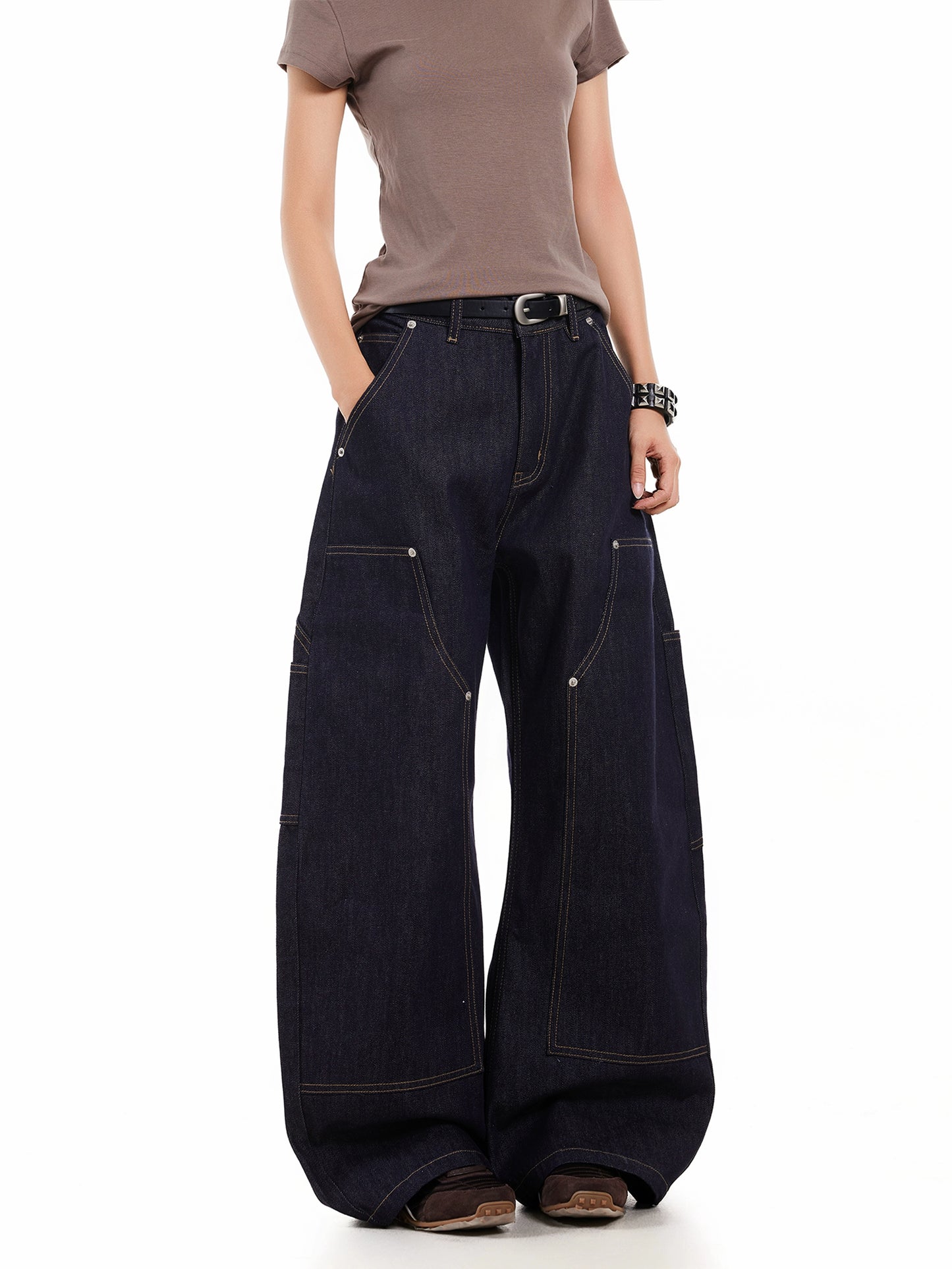 DOUBLE KNEE STUDDED SCIMITAR DENIM PANTS