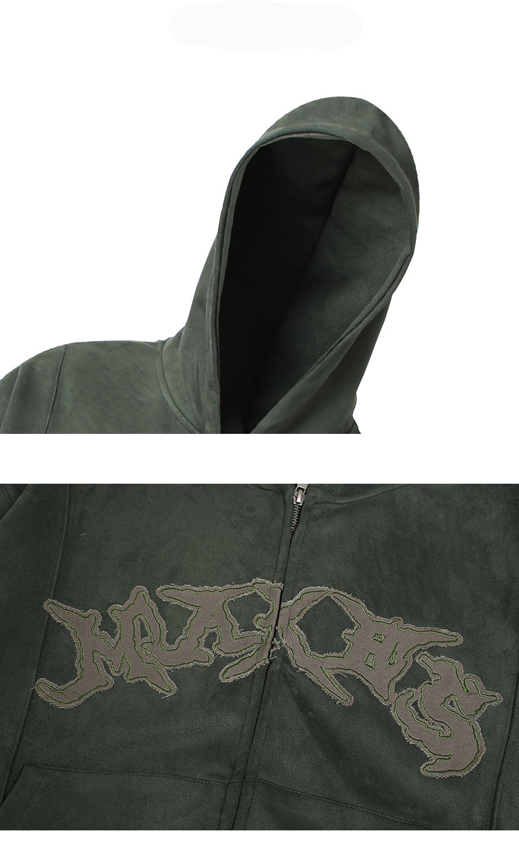 EMBROIDERED SUEDE ZIPPED HOODIE