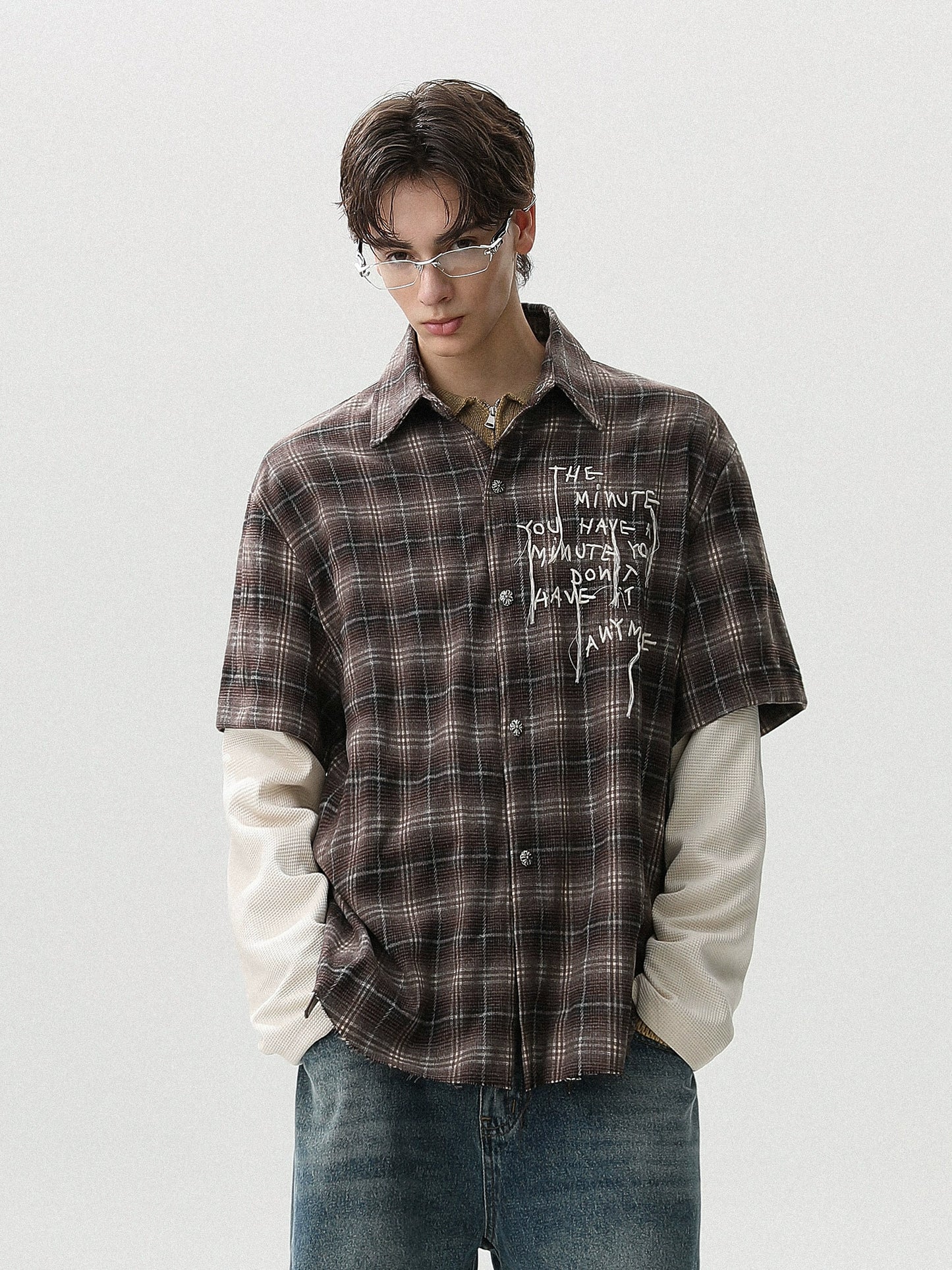 LAYERED CHECK GRAFFITI DAMAGE SHIRT