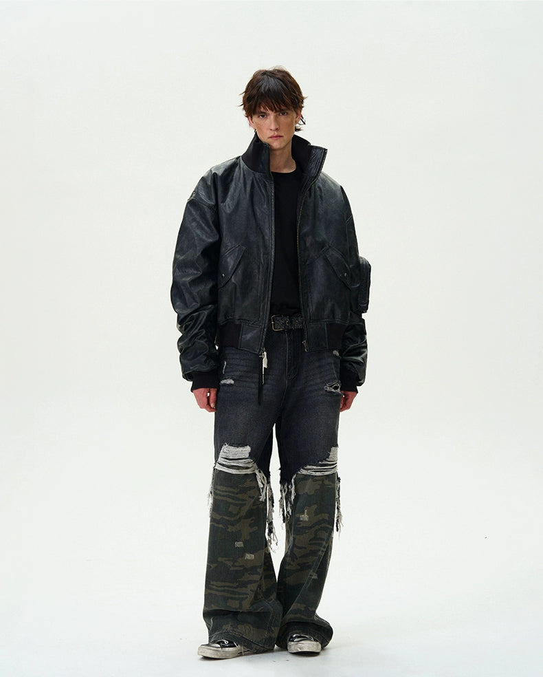WASHED BOMBER PADDED PU LEATHER JACKET