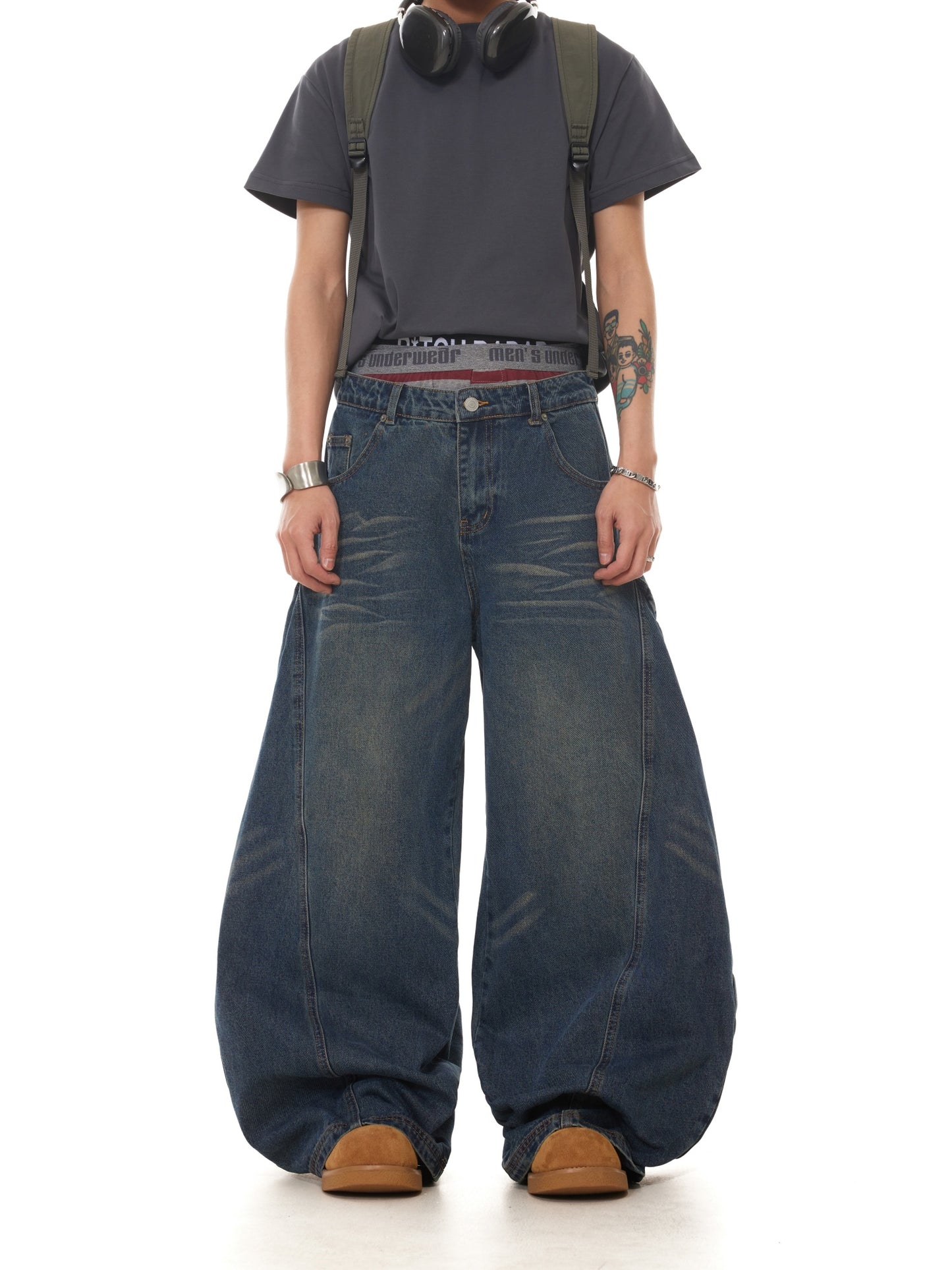 VINATGE WASHED PRESSED WHISKERS BAGGY DENIM PANTS