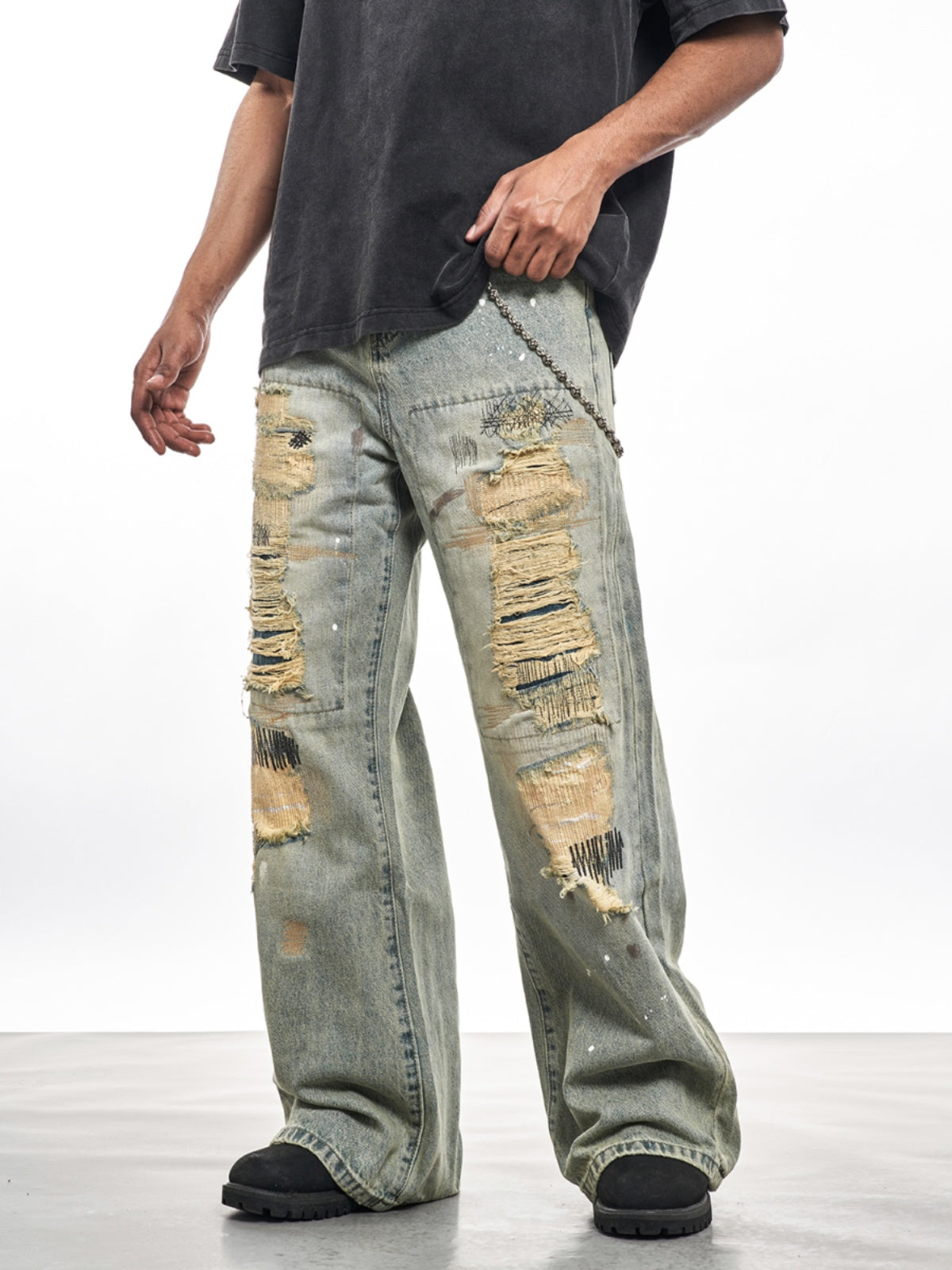 DESTRUCTION WASHED DAMAE DENIM PANTS