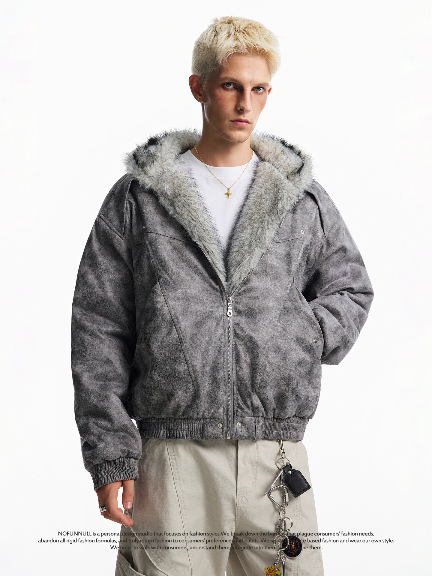 HEAVY SUEDE FUR HOODED BOMBER JACKET