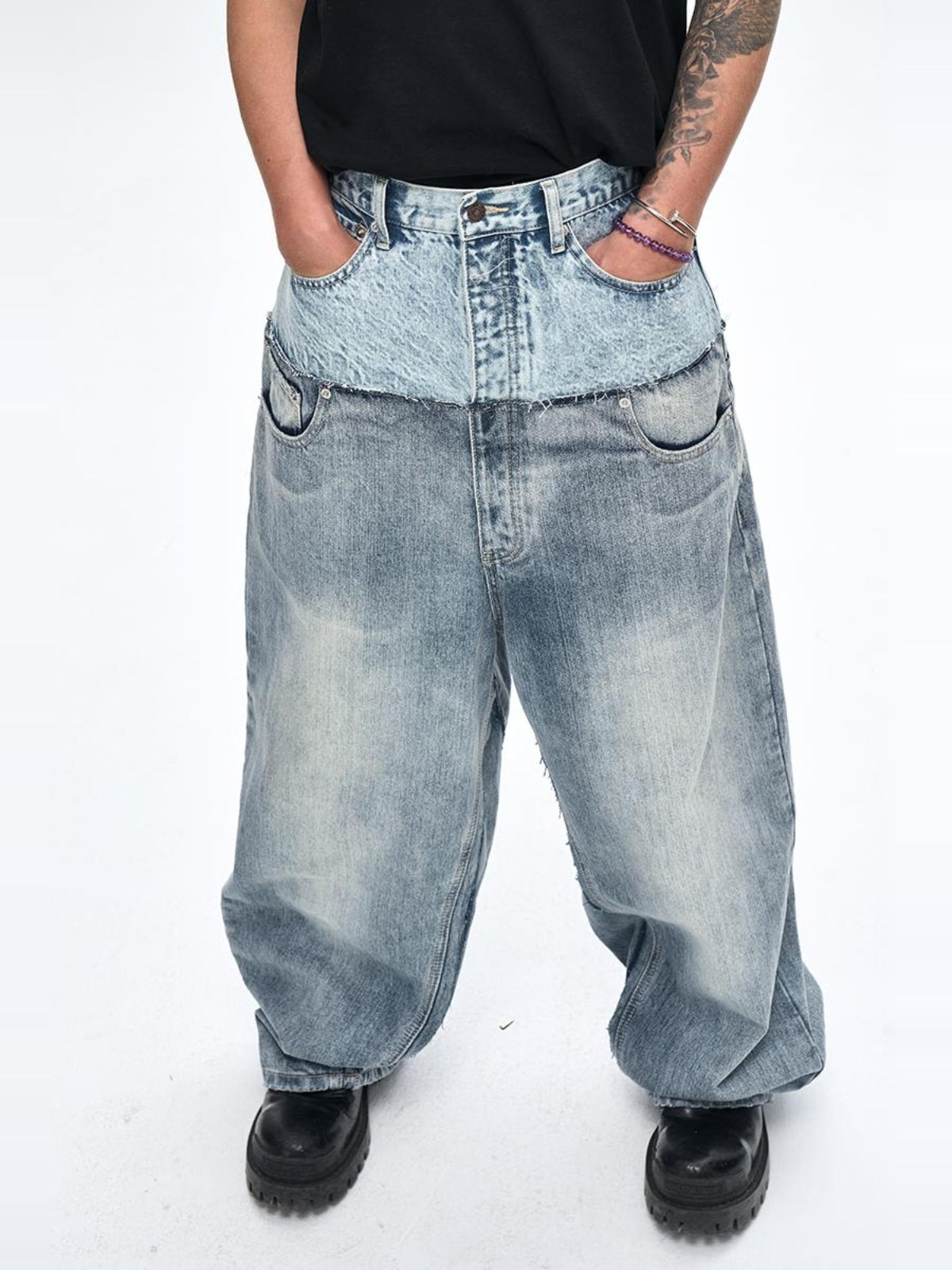 FAKE DUO LAYER DOUBLE WAIST DENIM PANTS