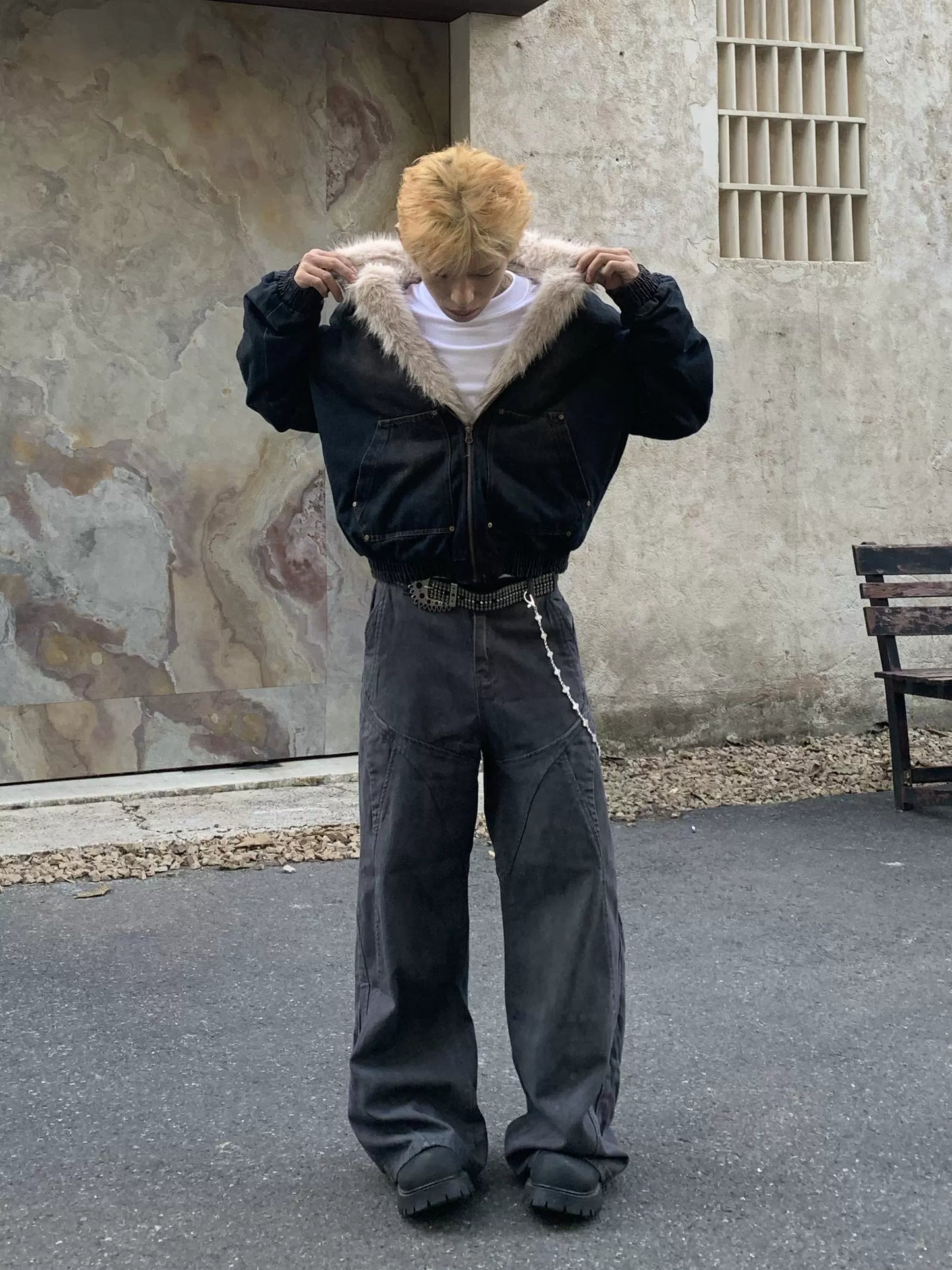 WASHED DENIM FUR HOODED JACKET