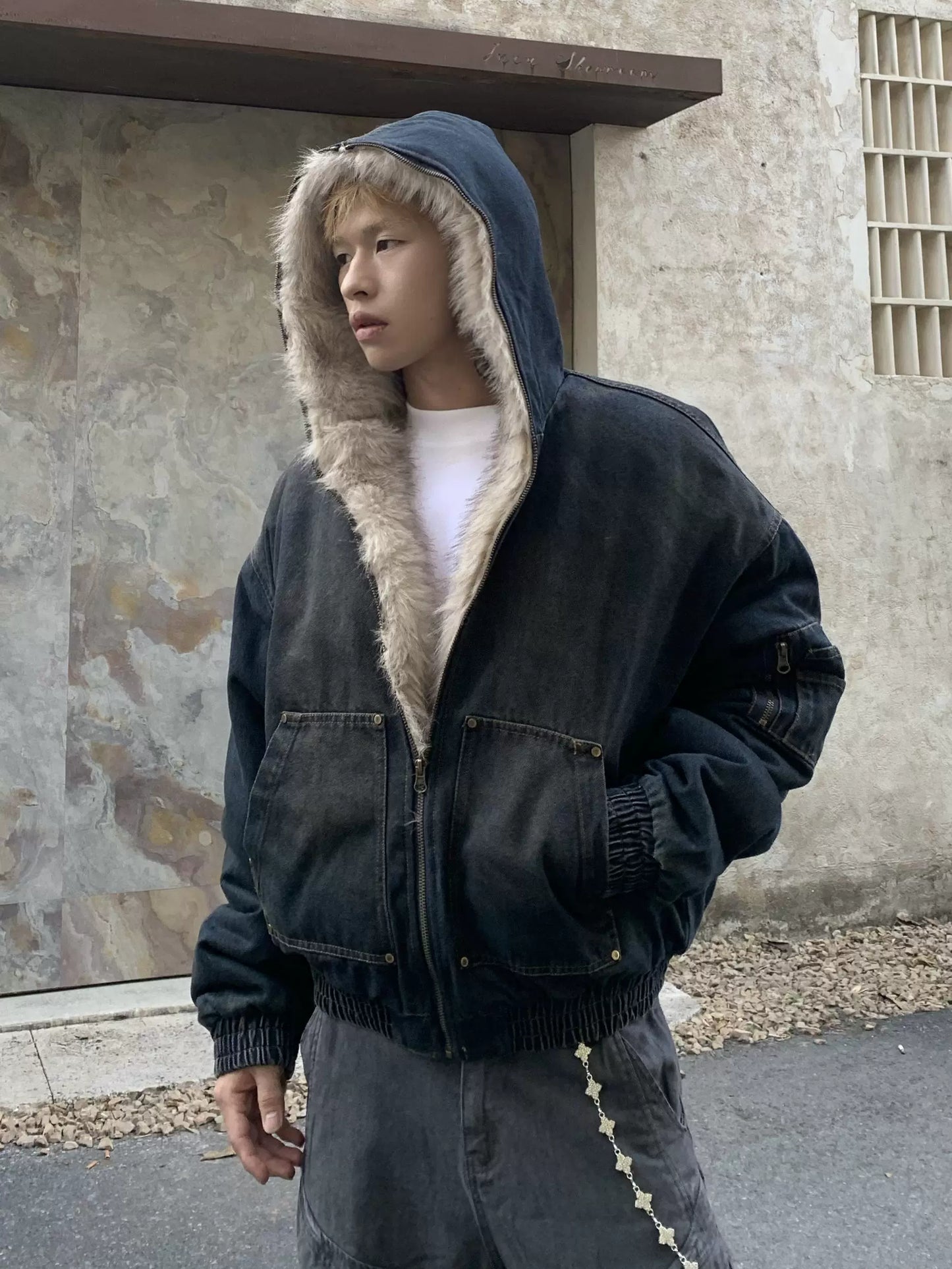WASHED DENIM FUR HOODED JACKET