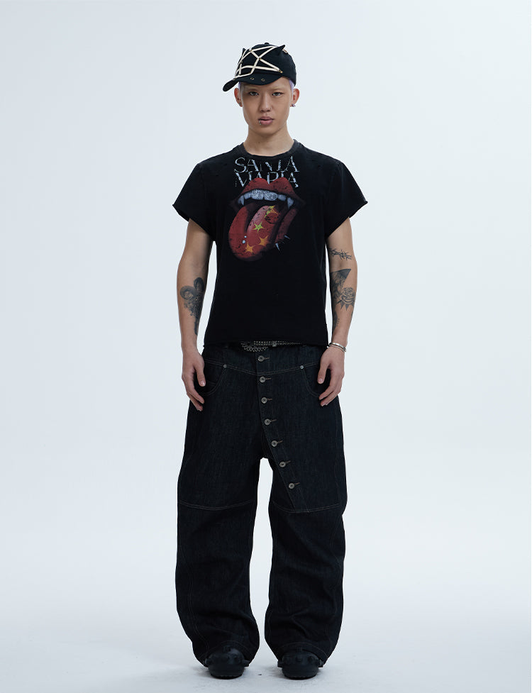 ASYMMETRIC BUTTON BAGGY DENIM