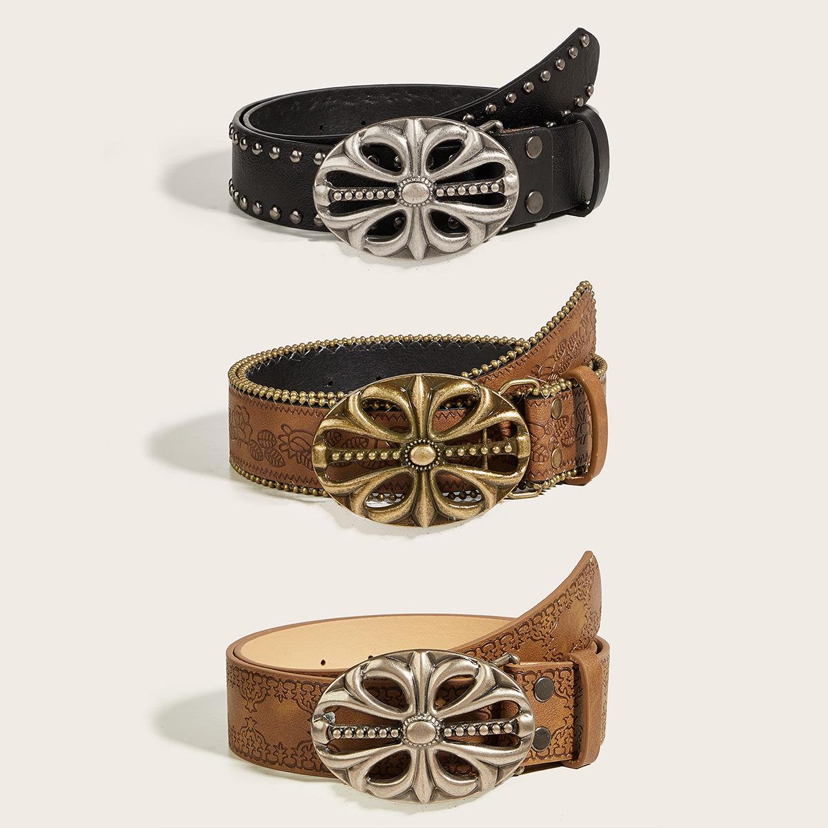 OVAL CROSS EMBOSSED BUCKLE STUD BELT