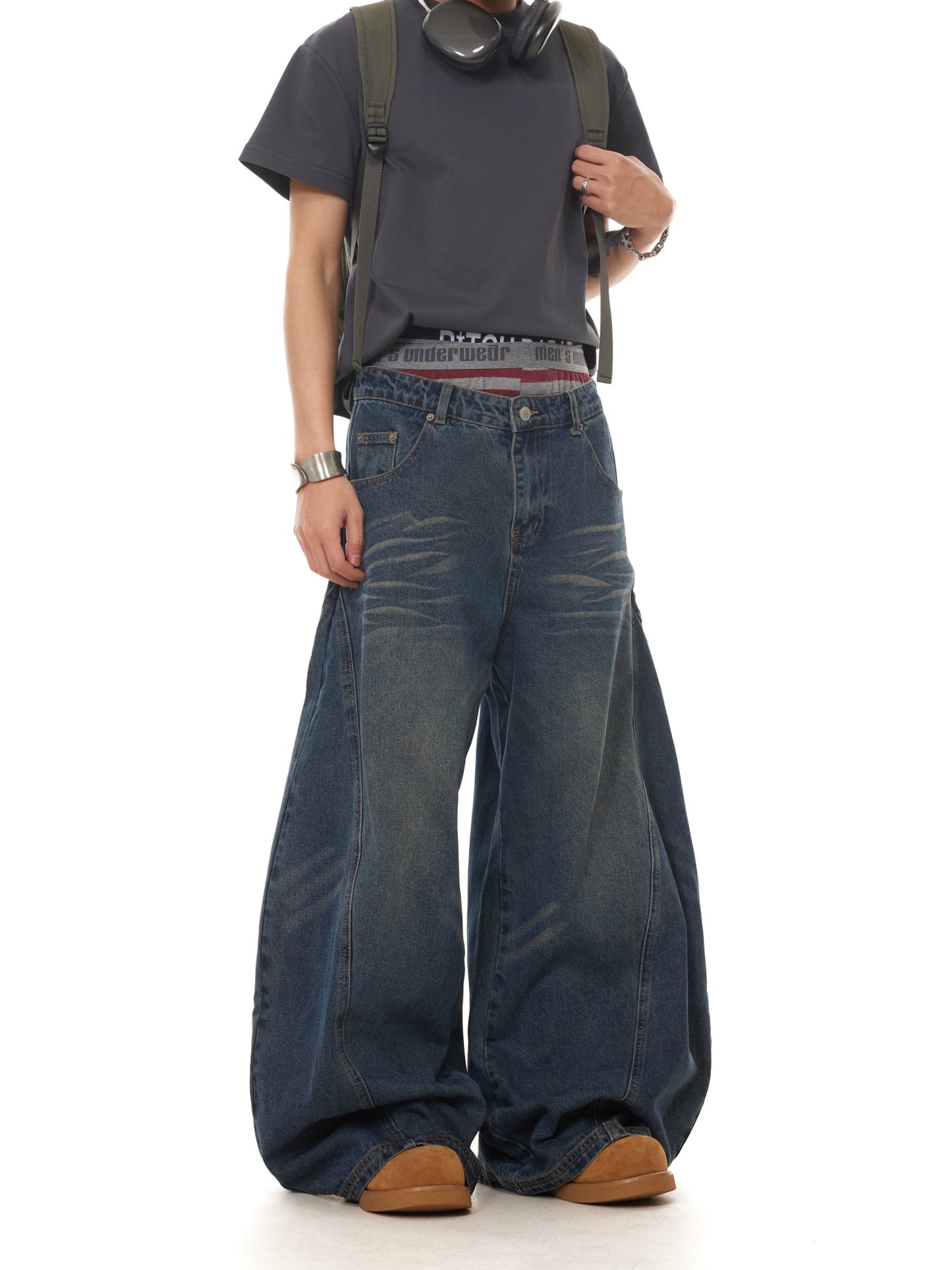 VINATGE WASHED PRESSED WHISKERS BAGGY DENIM PANTS