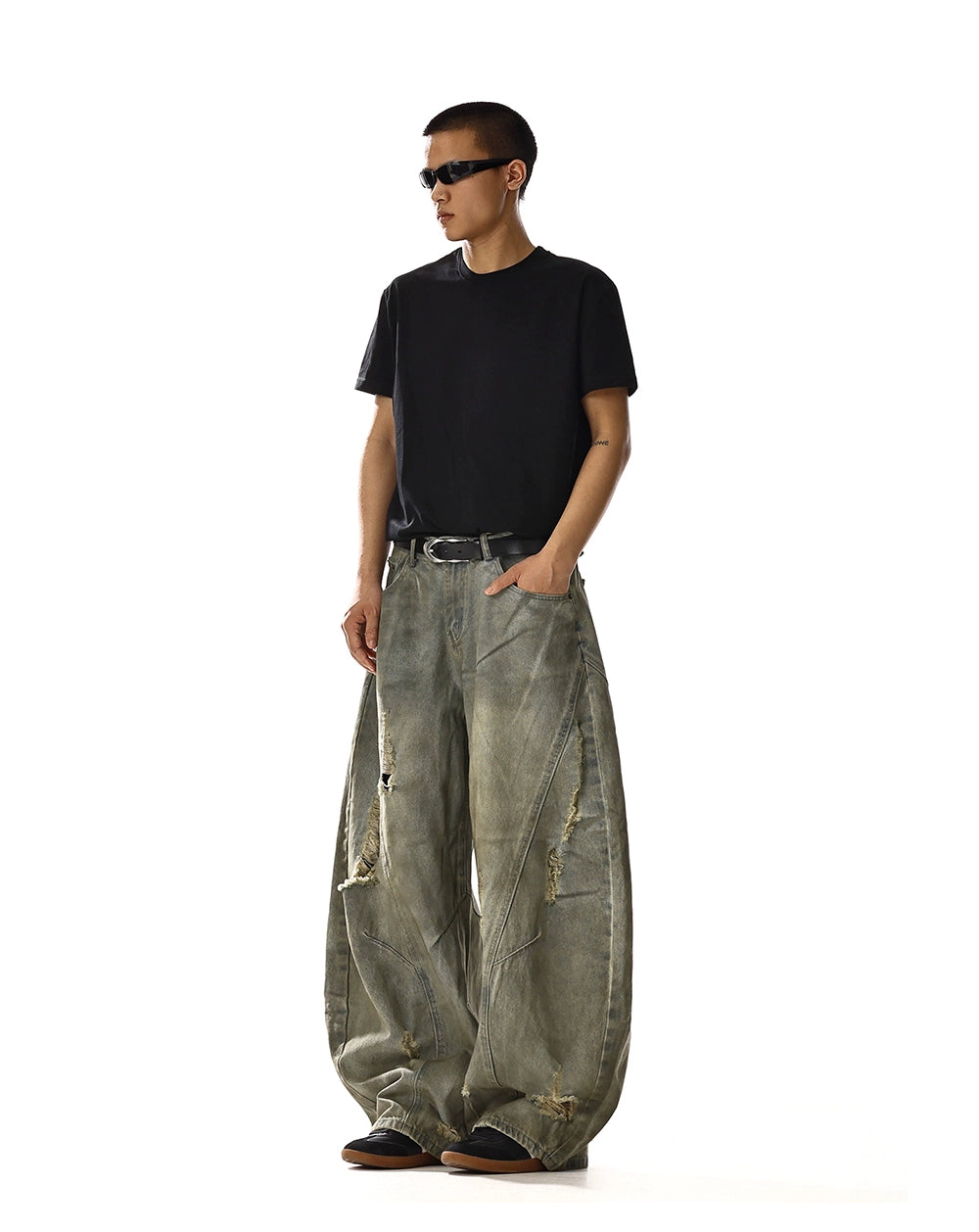 RETRO WASHED DISTRESSED RIPPED DAMAGE DENIM PANTS