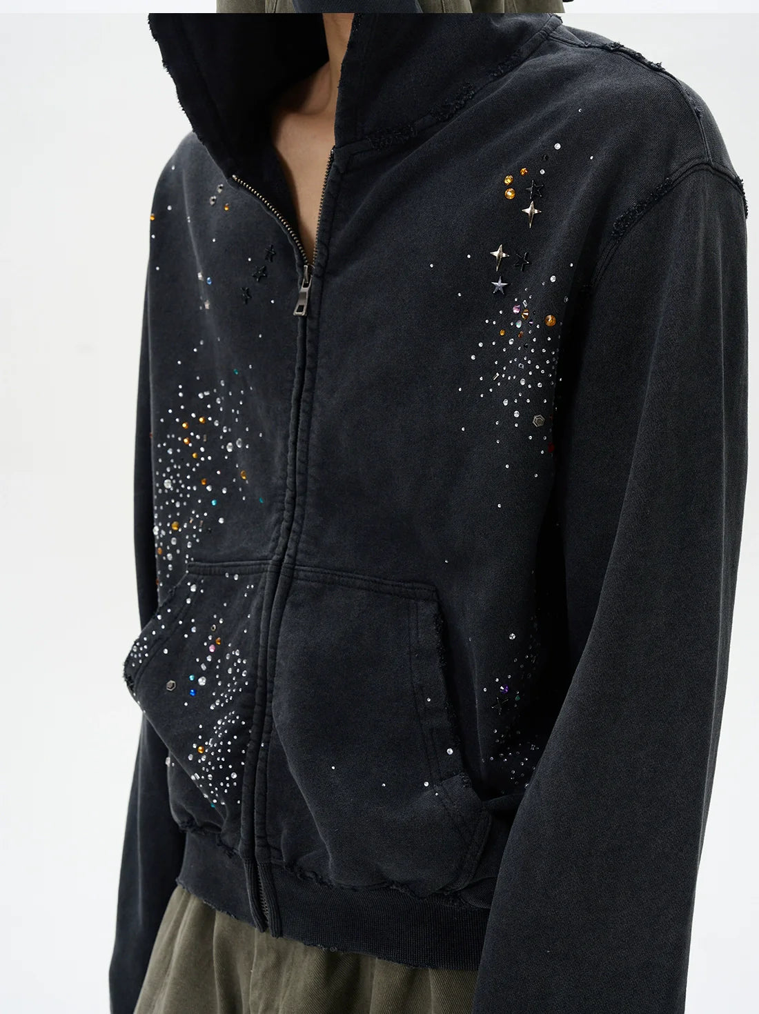 RHINESTONE DAMAGED ZIPPED HOODIE