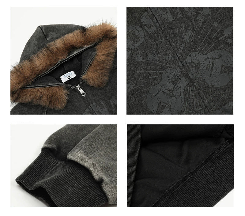 VINTAGE WASHED GRAPHIC FUR HOODED JACKET