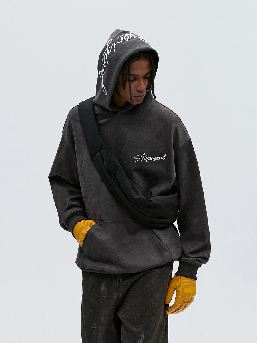 SCRIPT EMBROIDERIED SUEDE WASHED HOODIE