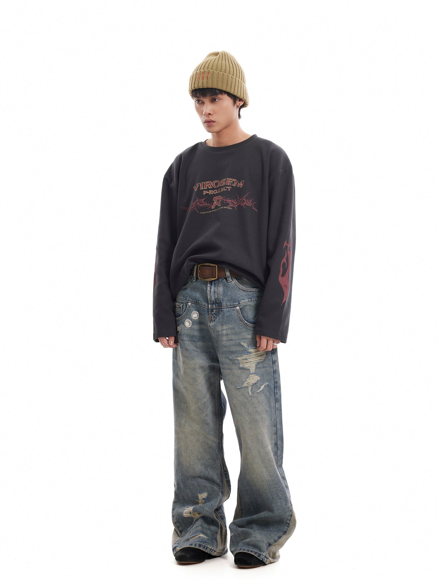 layered LAYERED WASHED VINTAGE DENIM PANTS