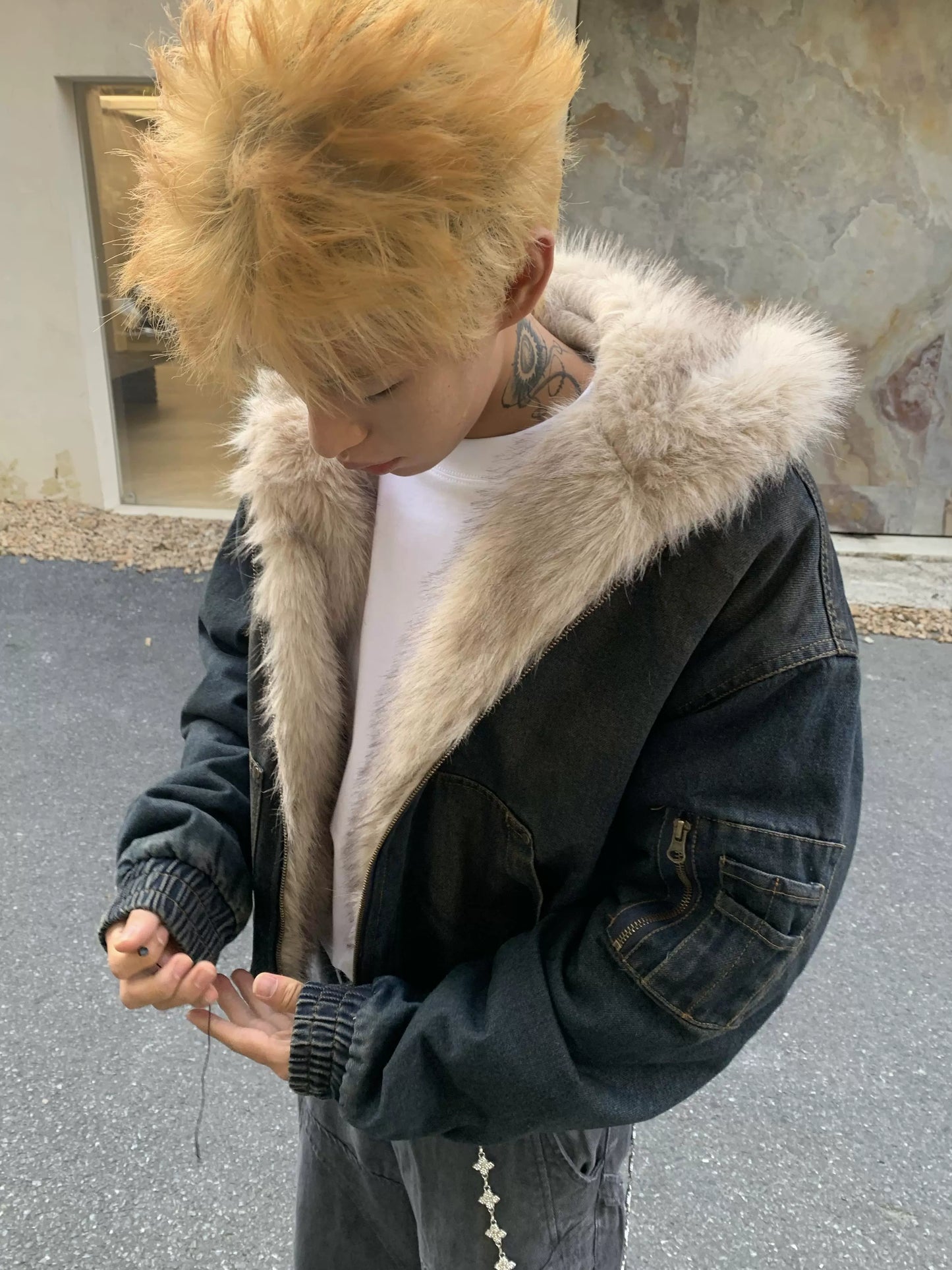 WASHED DENIM FUR HOODED JACKET
