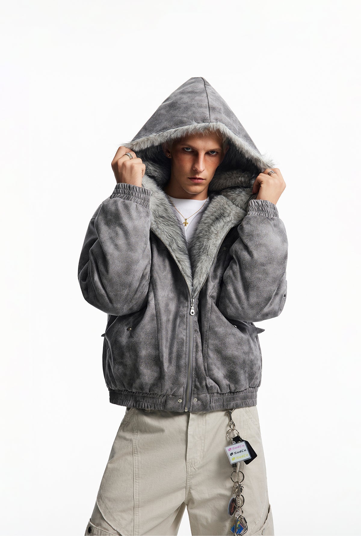 HEAVY SUEDE FUR HOODED BOMBER JACKET