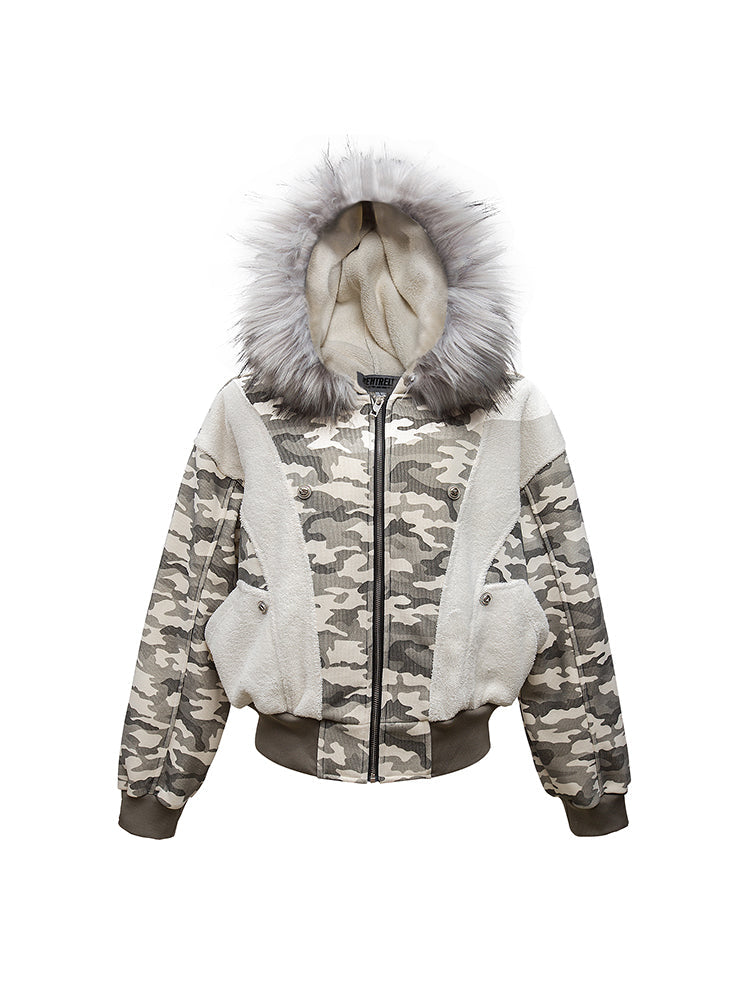 CAMOUFLAGE SPLICED FUR HOODED FLEECE JACKET