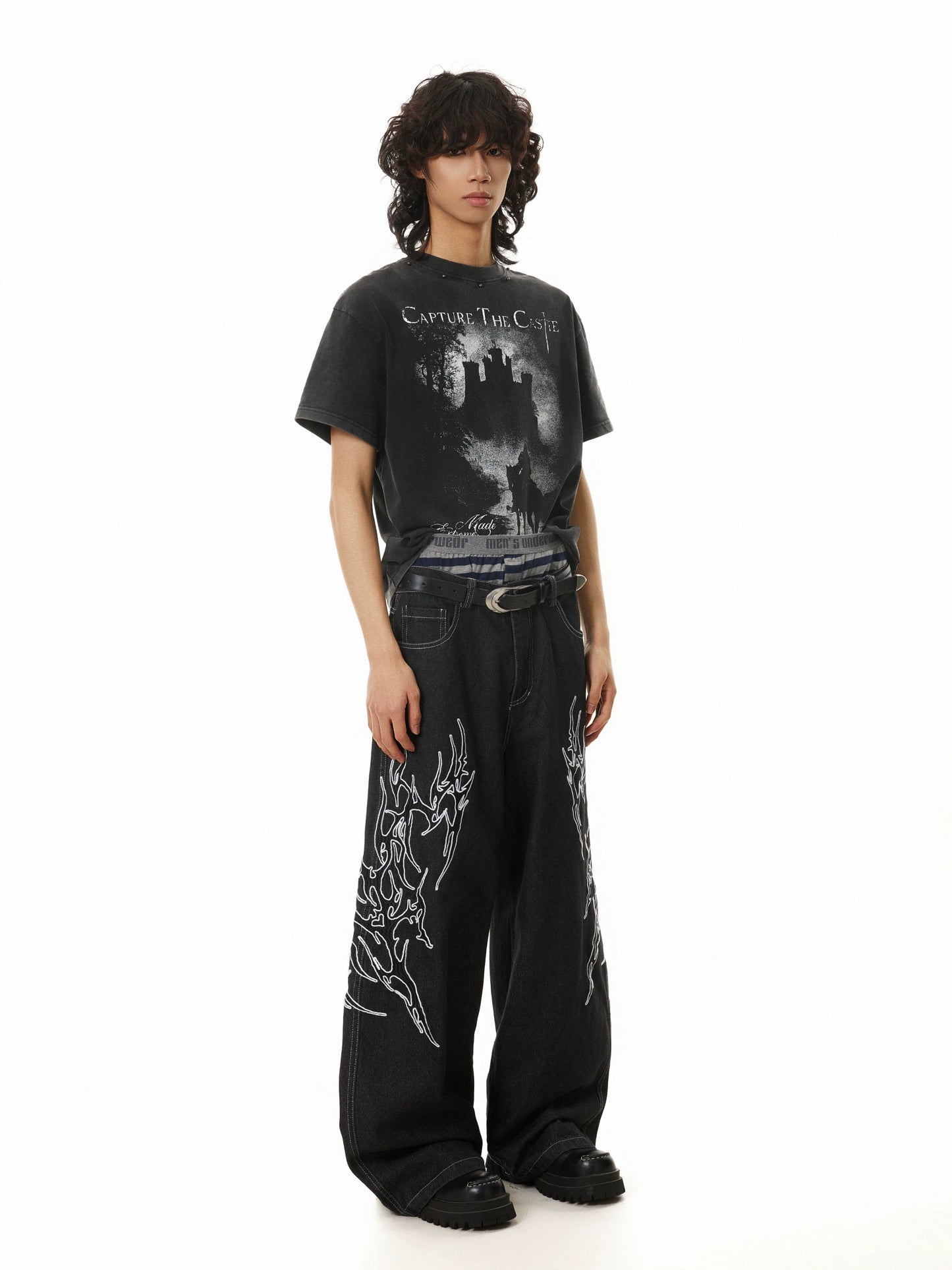 FIRE PATTERN EMBROIDERY BAGGY DENIM