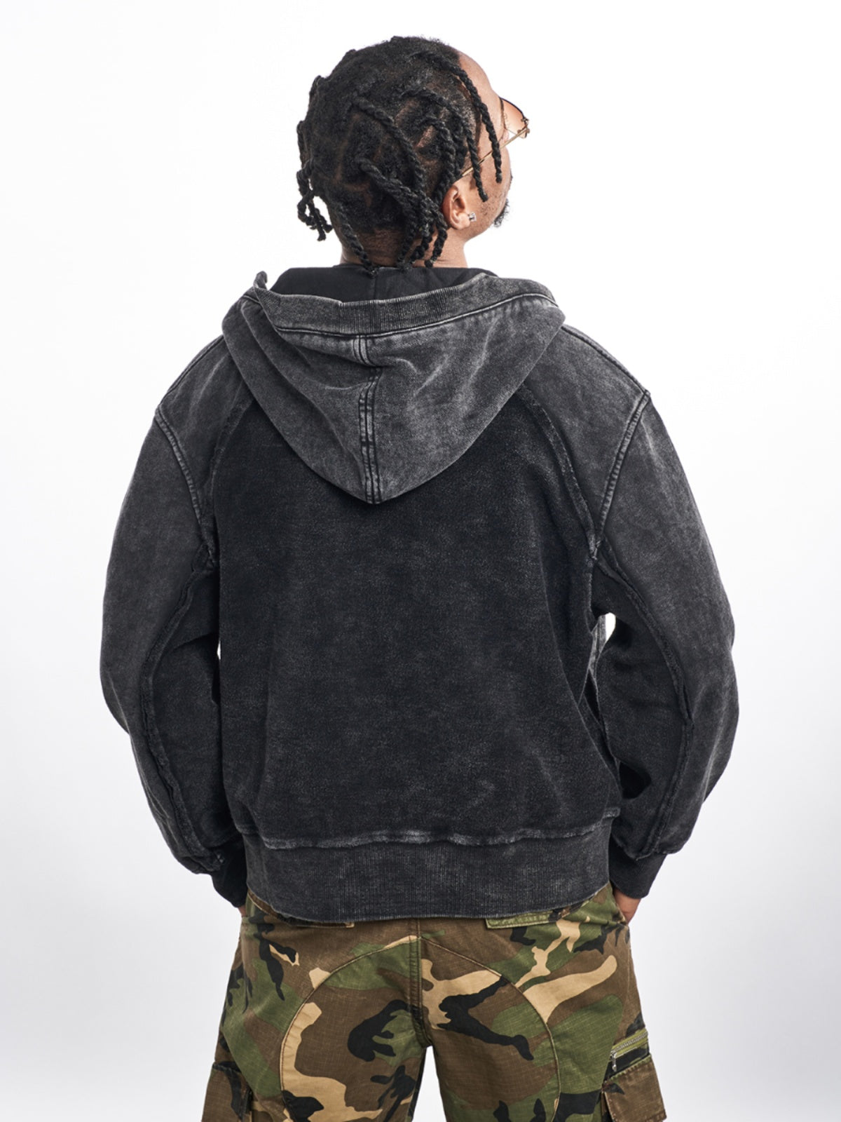 PATCHWORK WASH DISTRESSED ZIPPED HOODIE