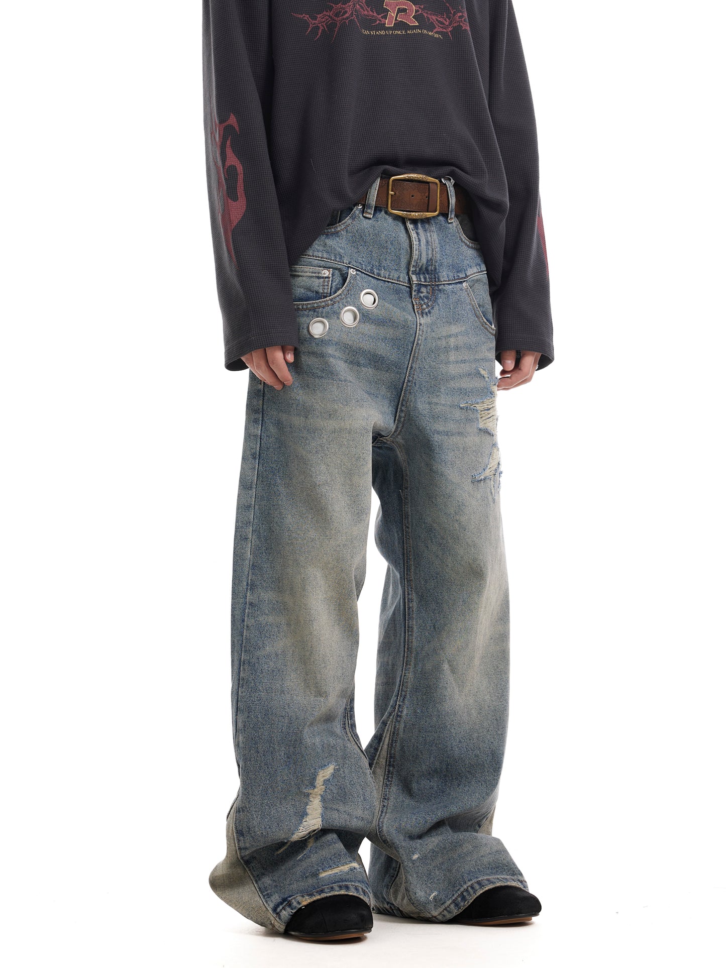 layered LAYERED WASHED VINTAGE DENIM PANTS