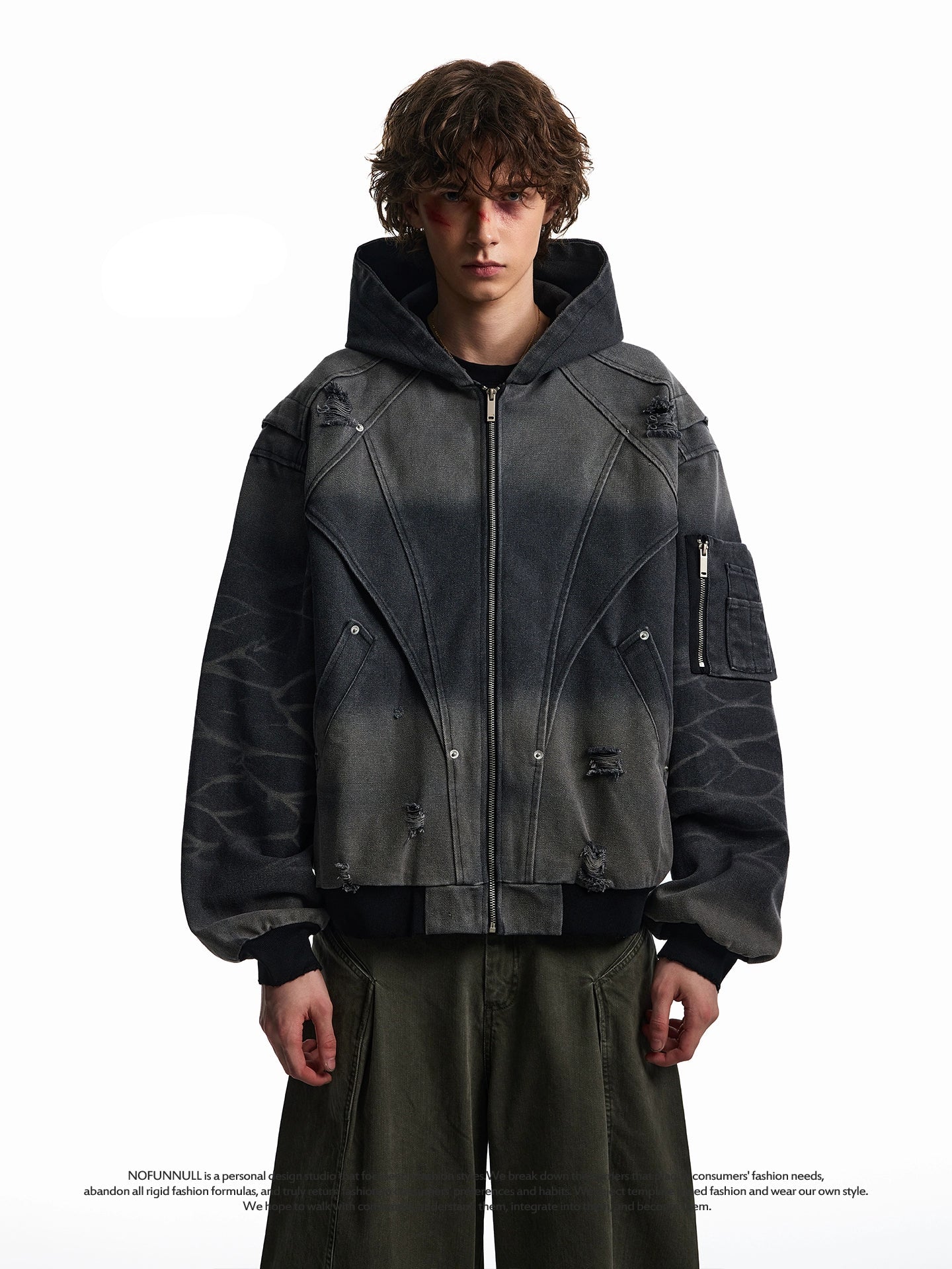 WASHED DAMAGE DISTRESSED WORK HOODED JCKET