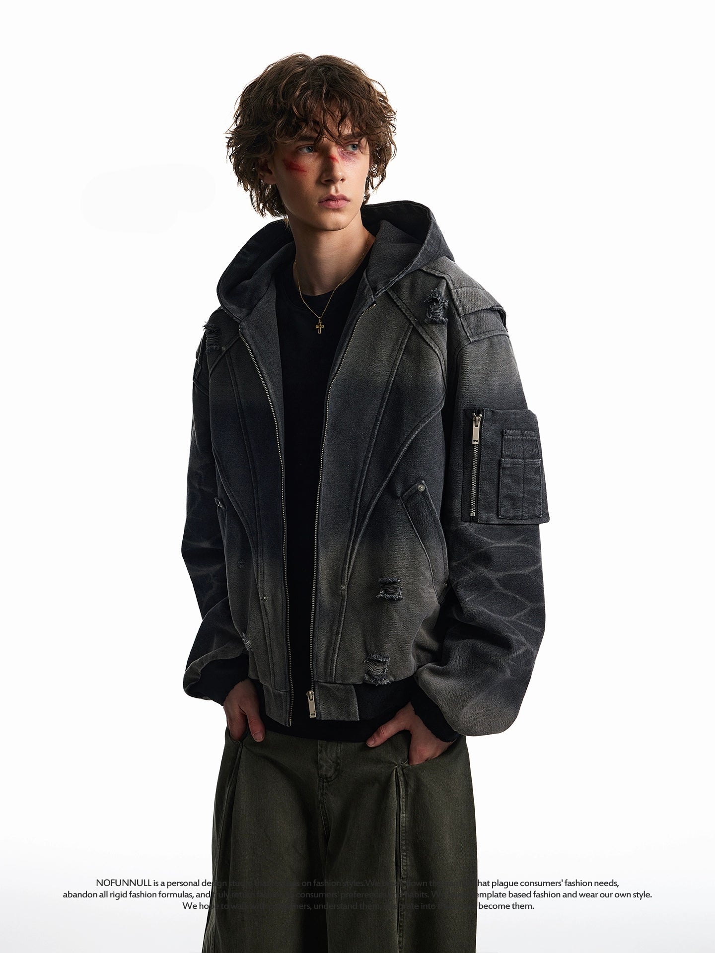 WASHED DAMAGE DISTRESSED WORK HOODED JCKET