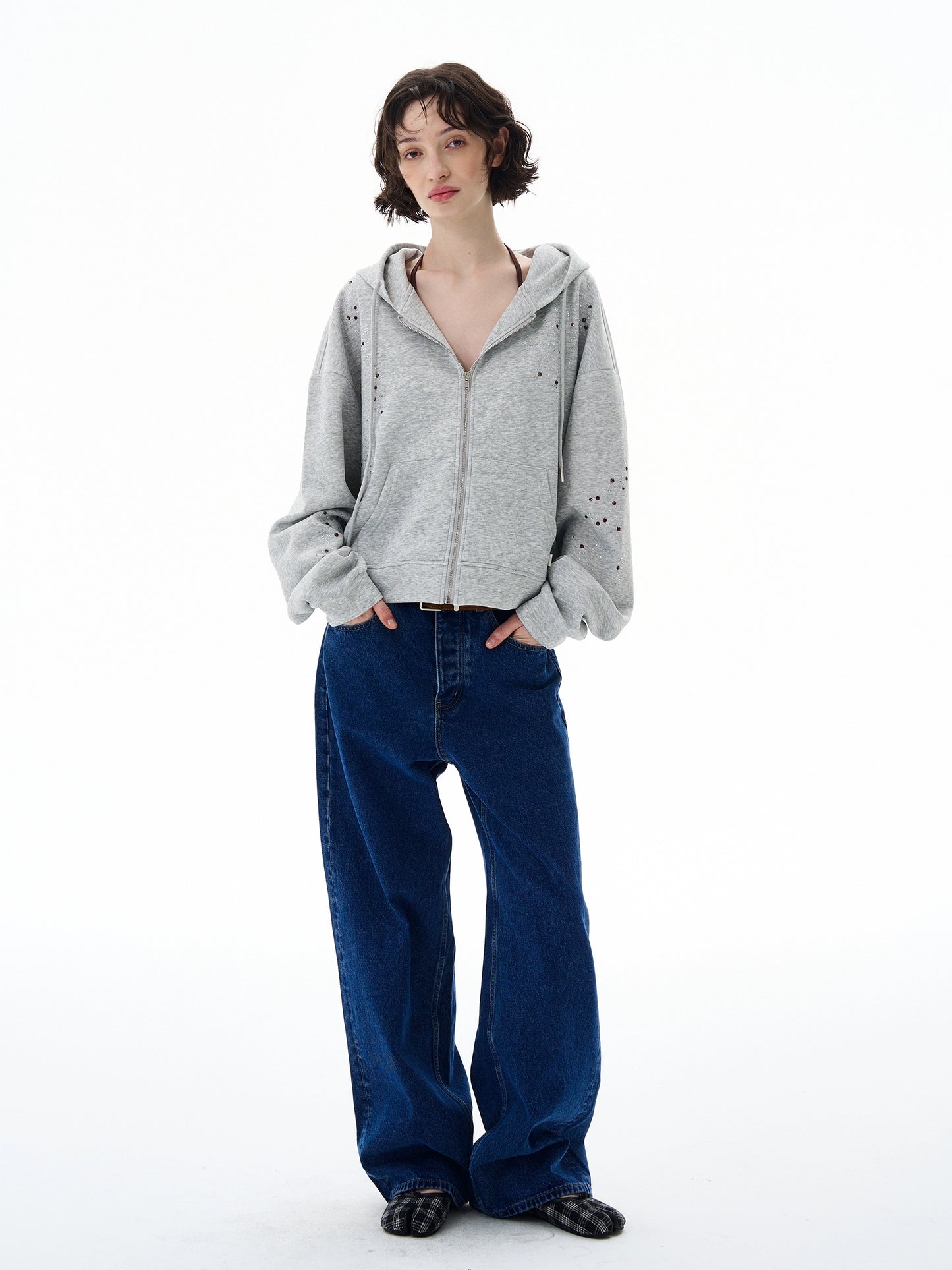 STARRY RHINESTONE ZIPPED HOODIE