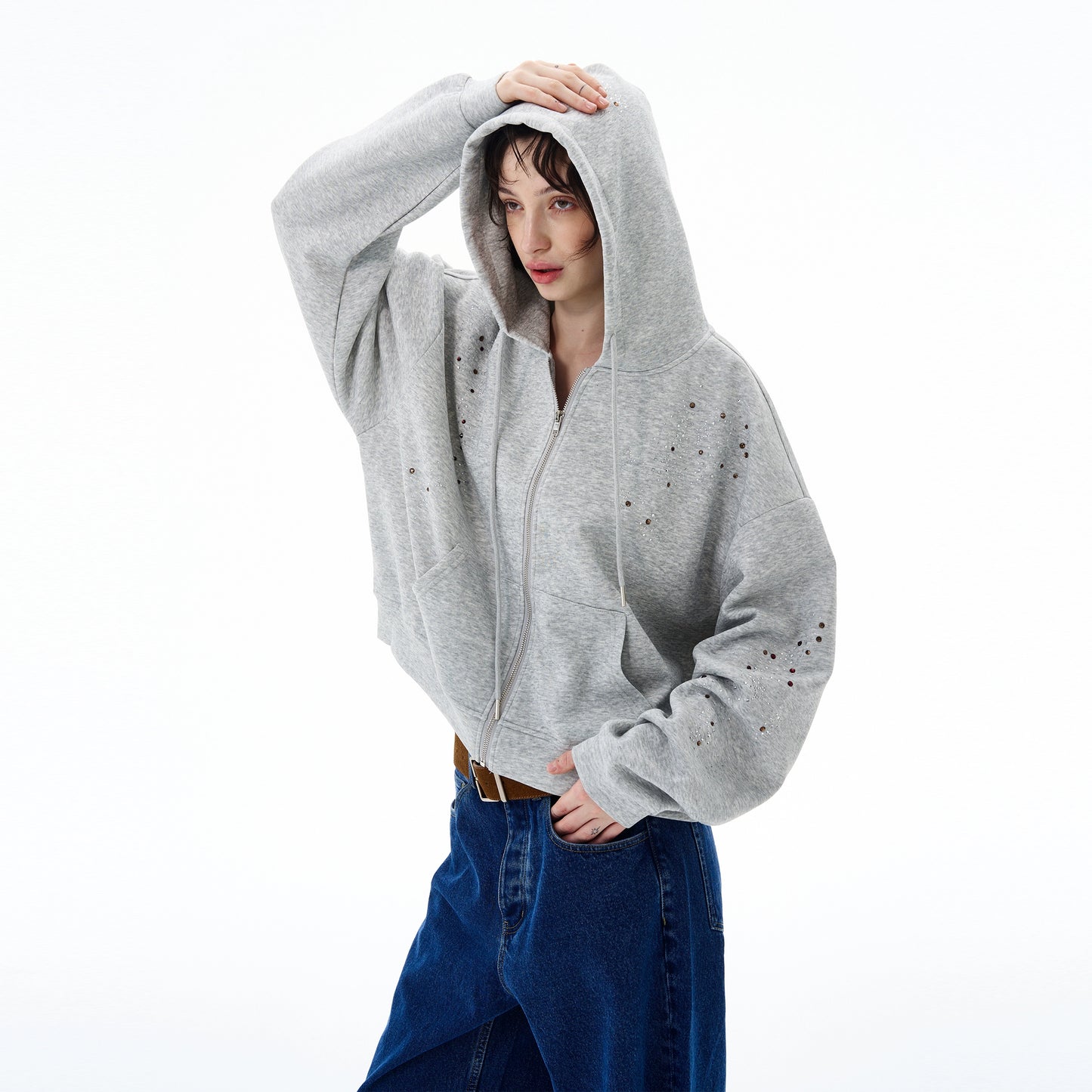 STARRY RHINESTONE ZIPPED HOODIE