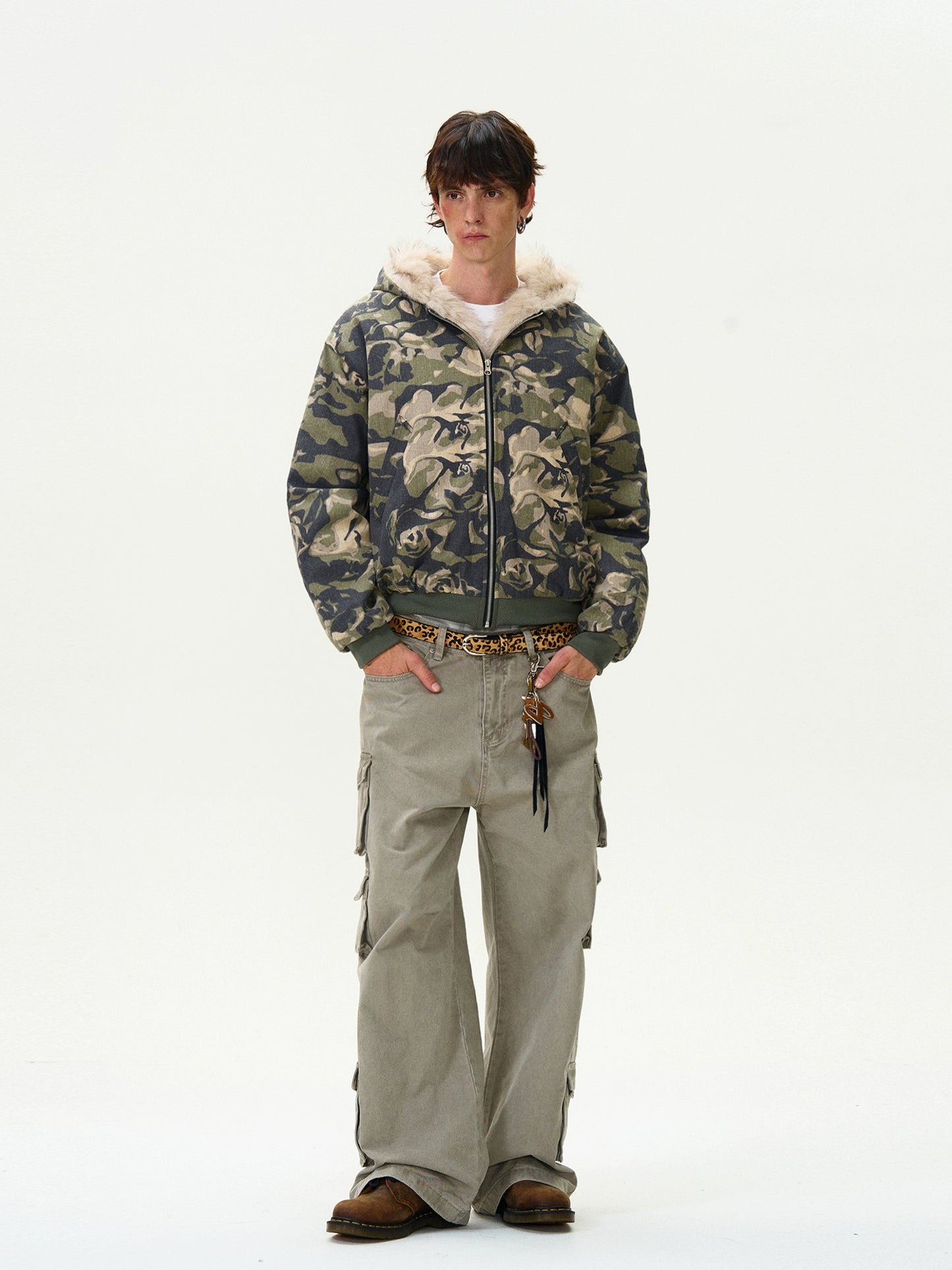 FUR CAMOUFLAGE HOODED JACKET