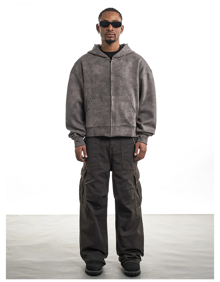 DISTRESSED WASHED ZIP UP HOODIE
