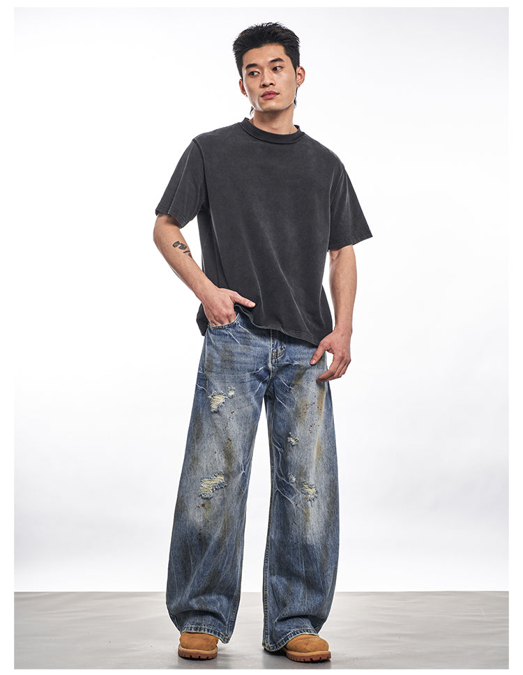 DAMEGE WASHED STRAIGHT DENIM PANTS
