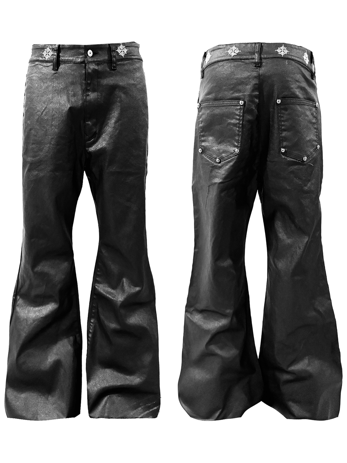 COATED BLACK DENIM FLARE TROUSERS