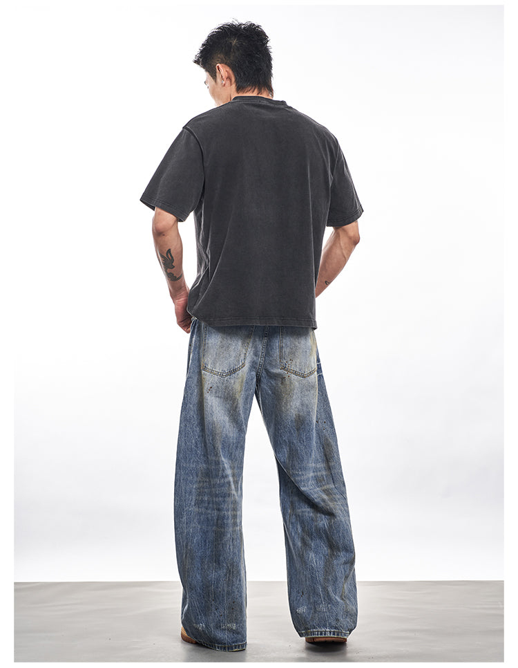 DAMEGE WASHED STRAIGHT DENIM PANTS